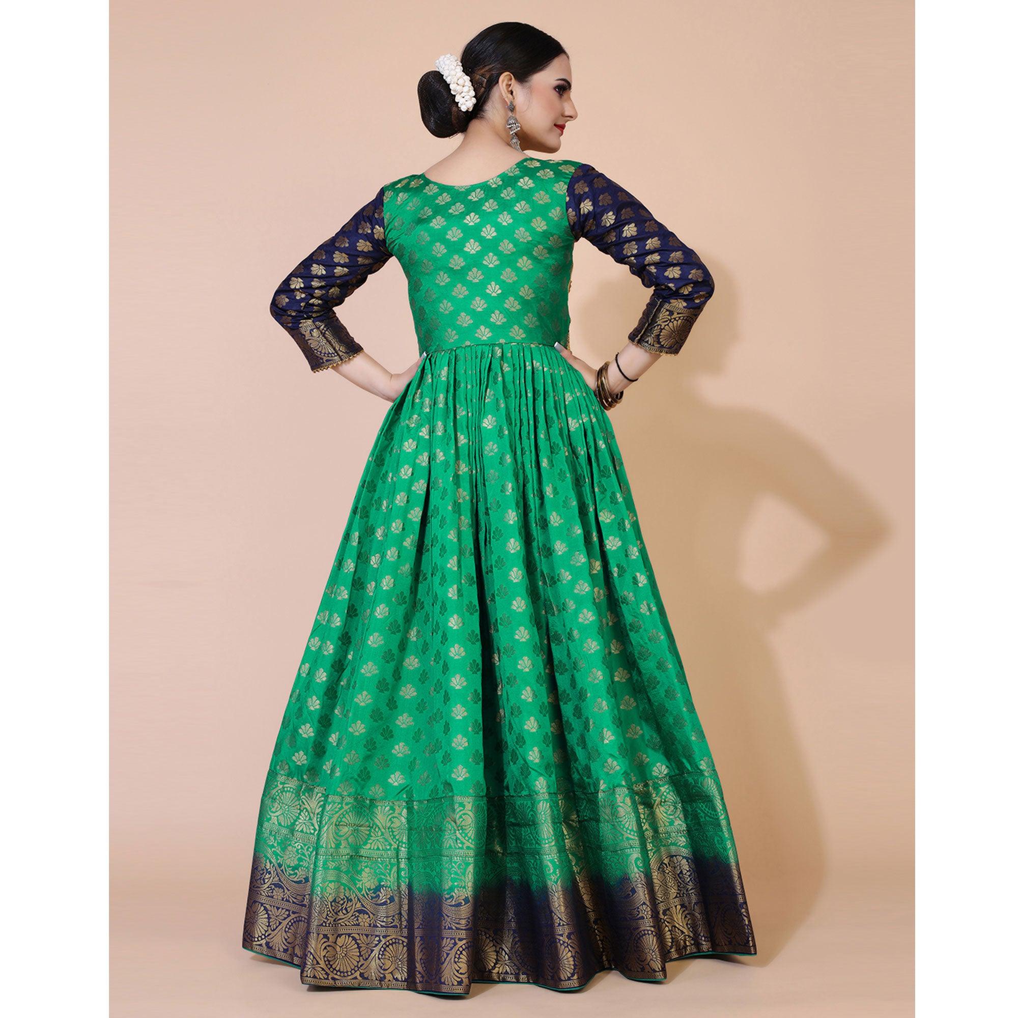 Green Floral Woven Jacquard Anarkali Style Gown - Peachmode