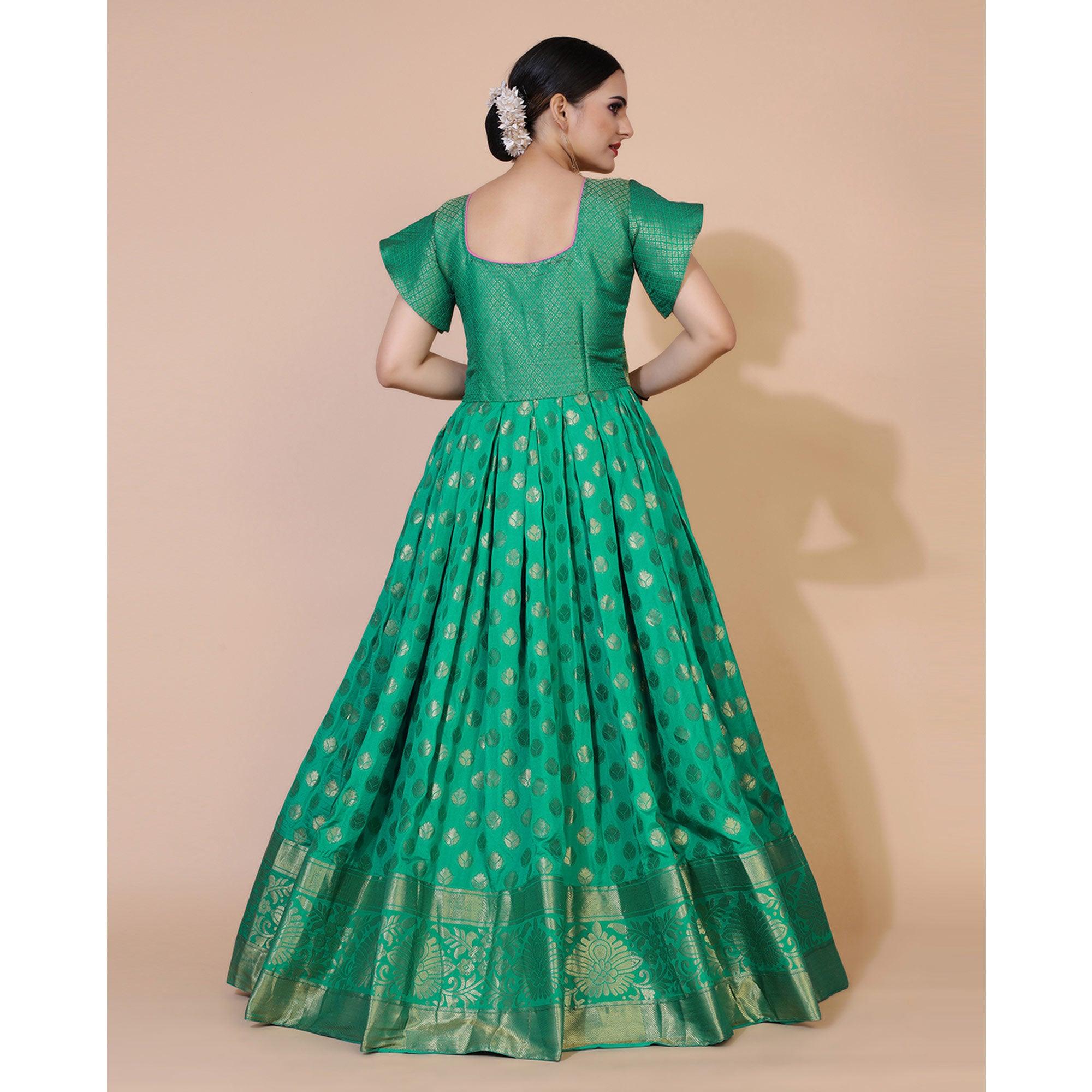 Green Floral Woven Jacquard Anarkali Style Gown - Peachmode