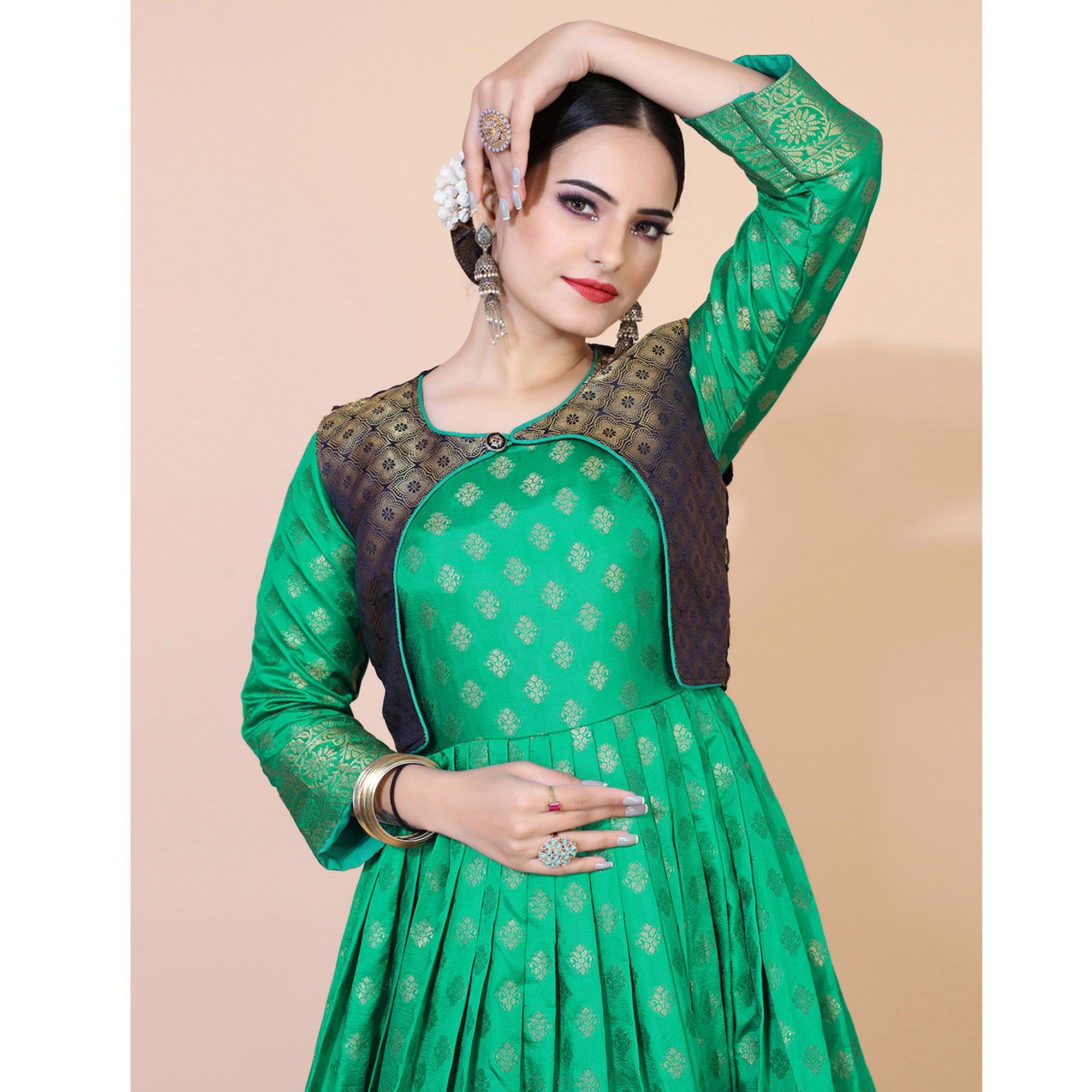Green Floral Woven Jacquard Anarkali Style Gown - Peachmode