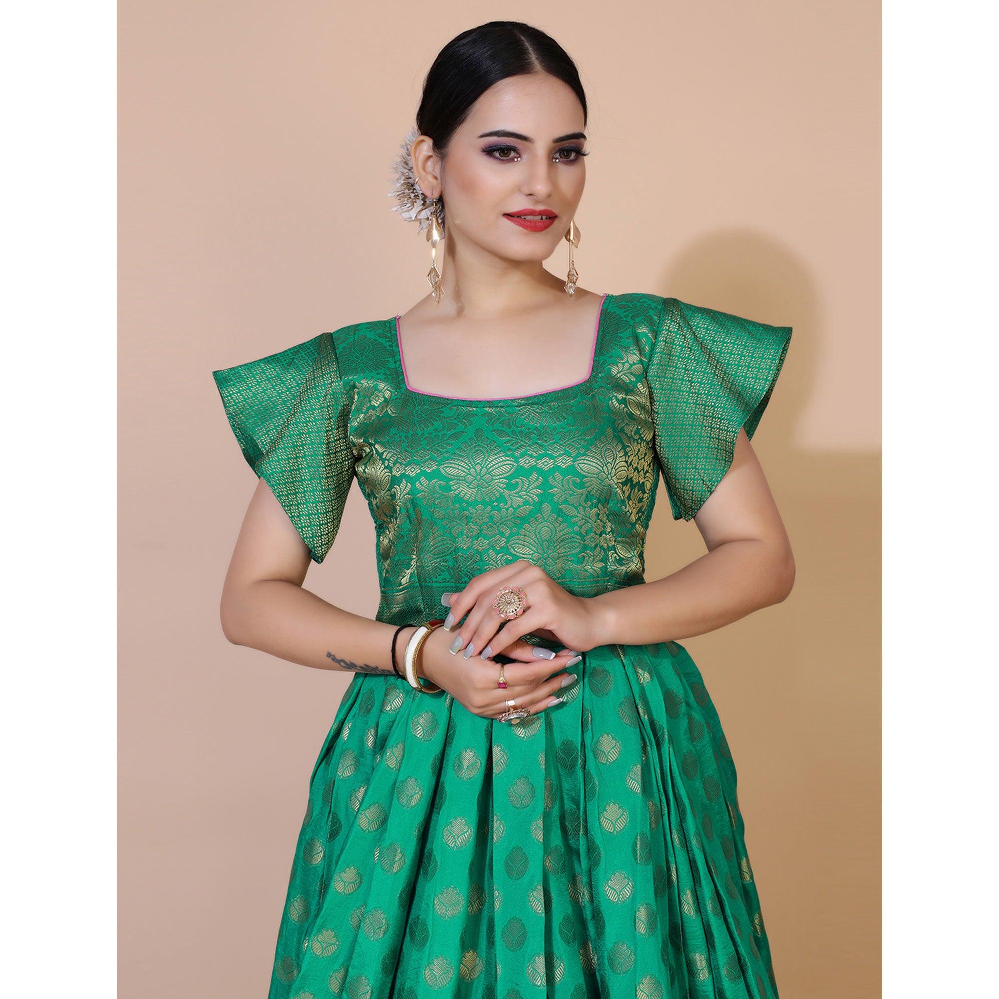 Green Floral Woven Jacquard Anarkali Style Gown - Peachmode