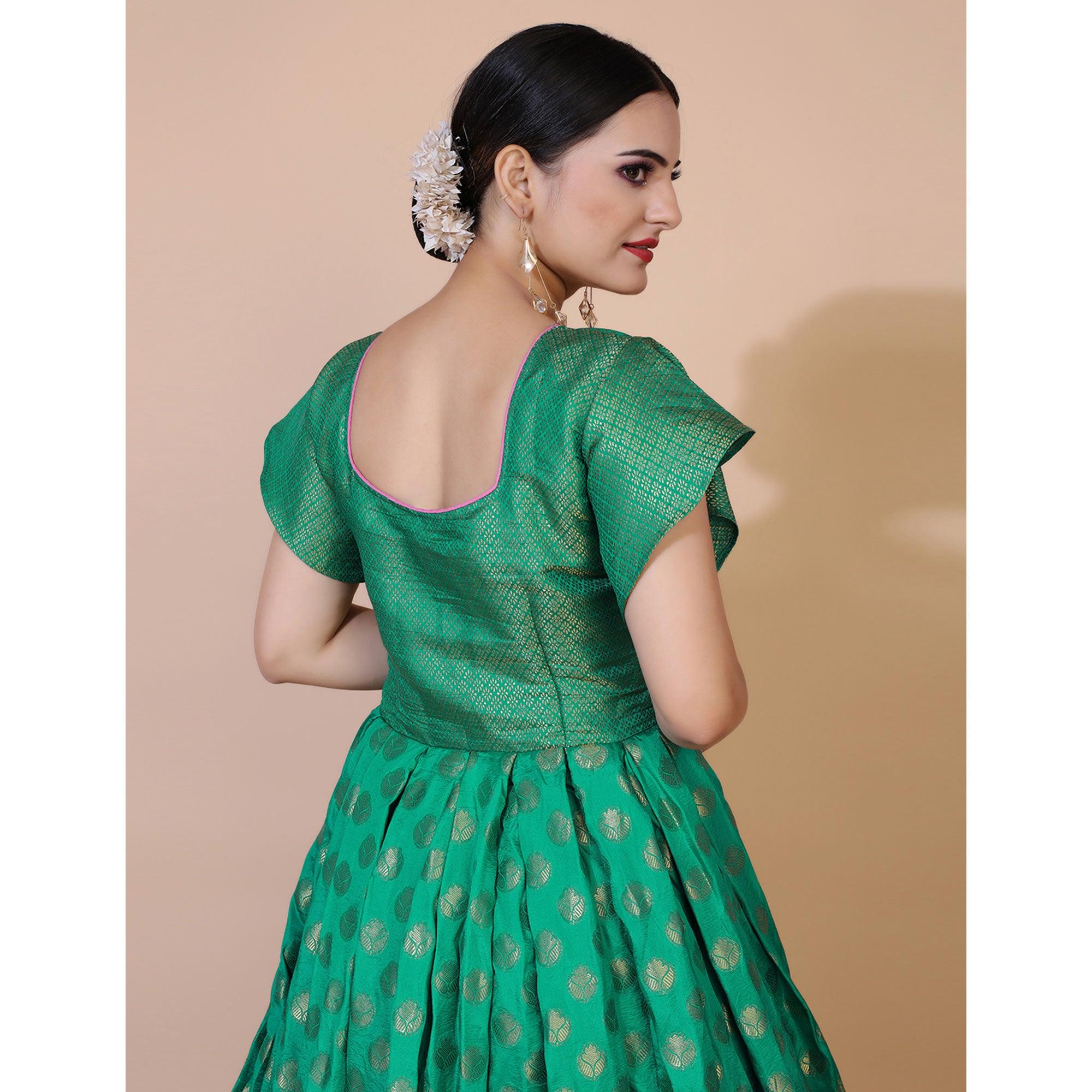 Green Floral Woven Jacquard Anarkali Style Gown - Peachmode