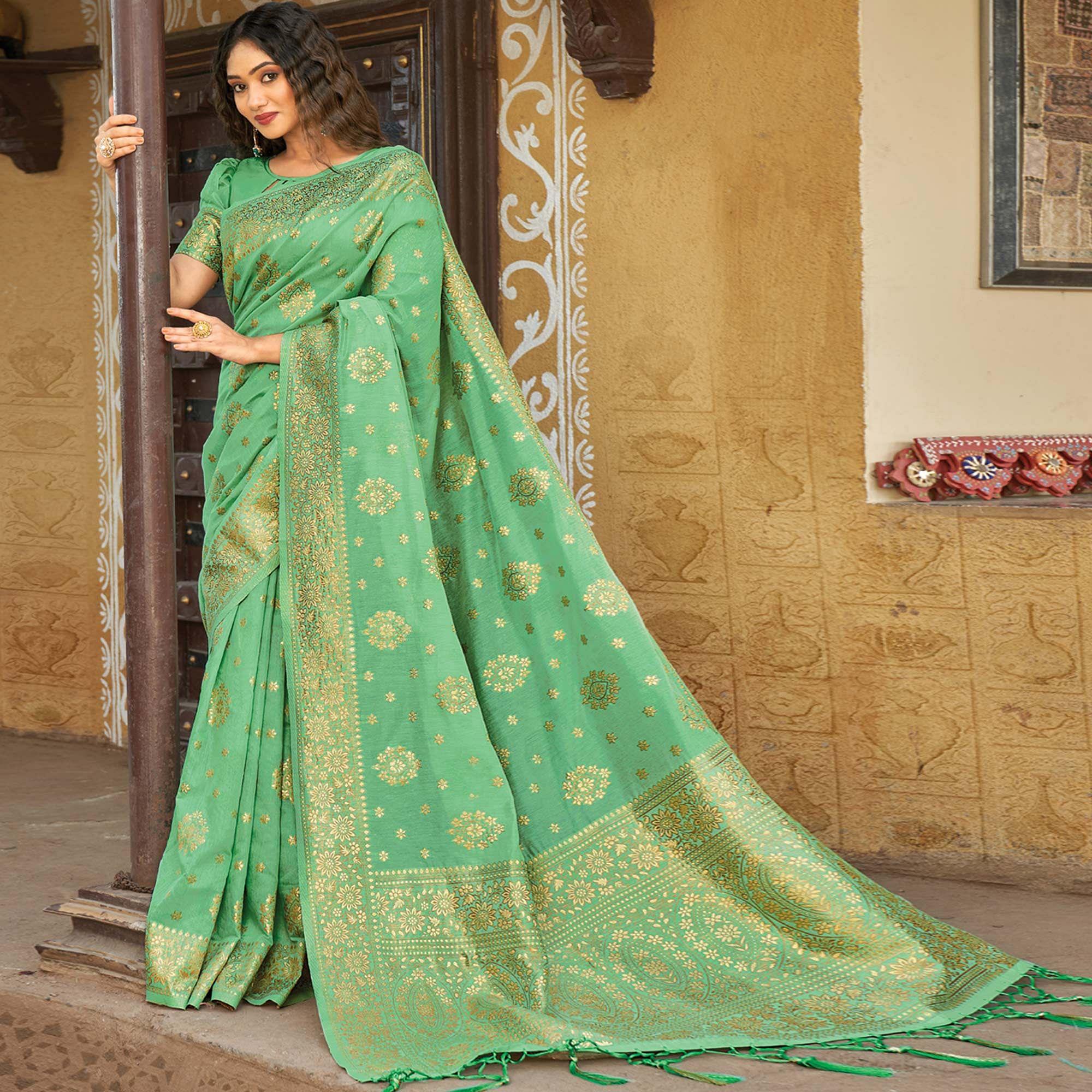 Green Floral Woven Pure Cotton Saree - Peachmode