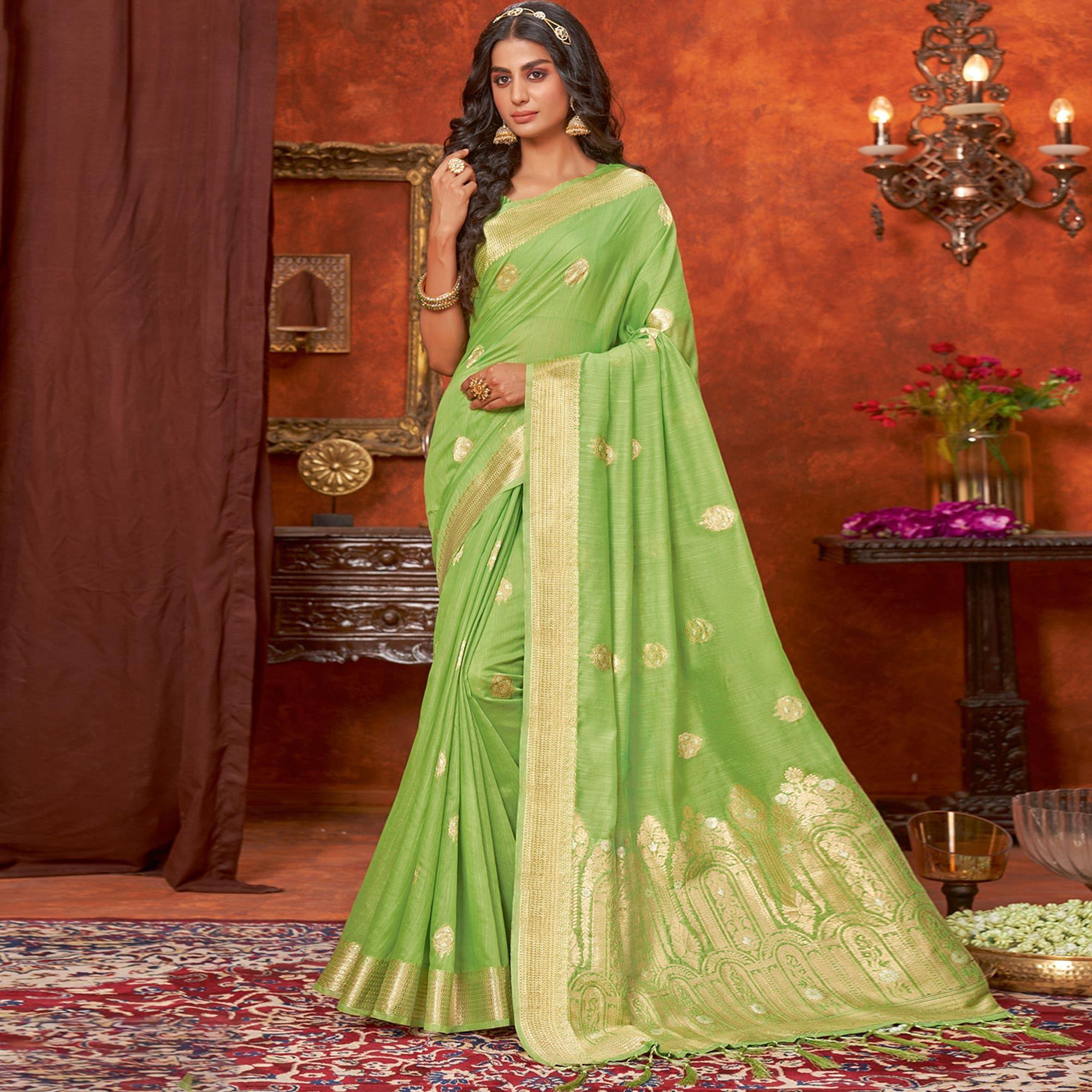 Green Floral Woven Pure Cotton Saree - Peachmode