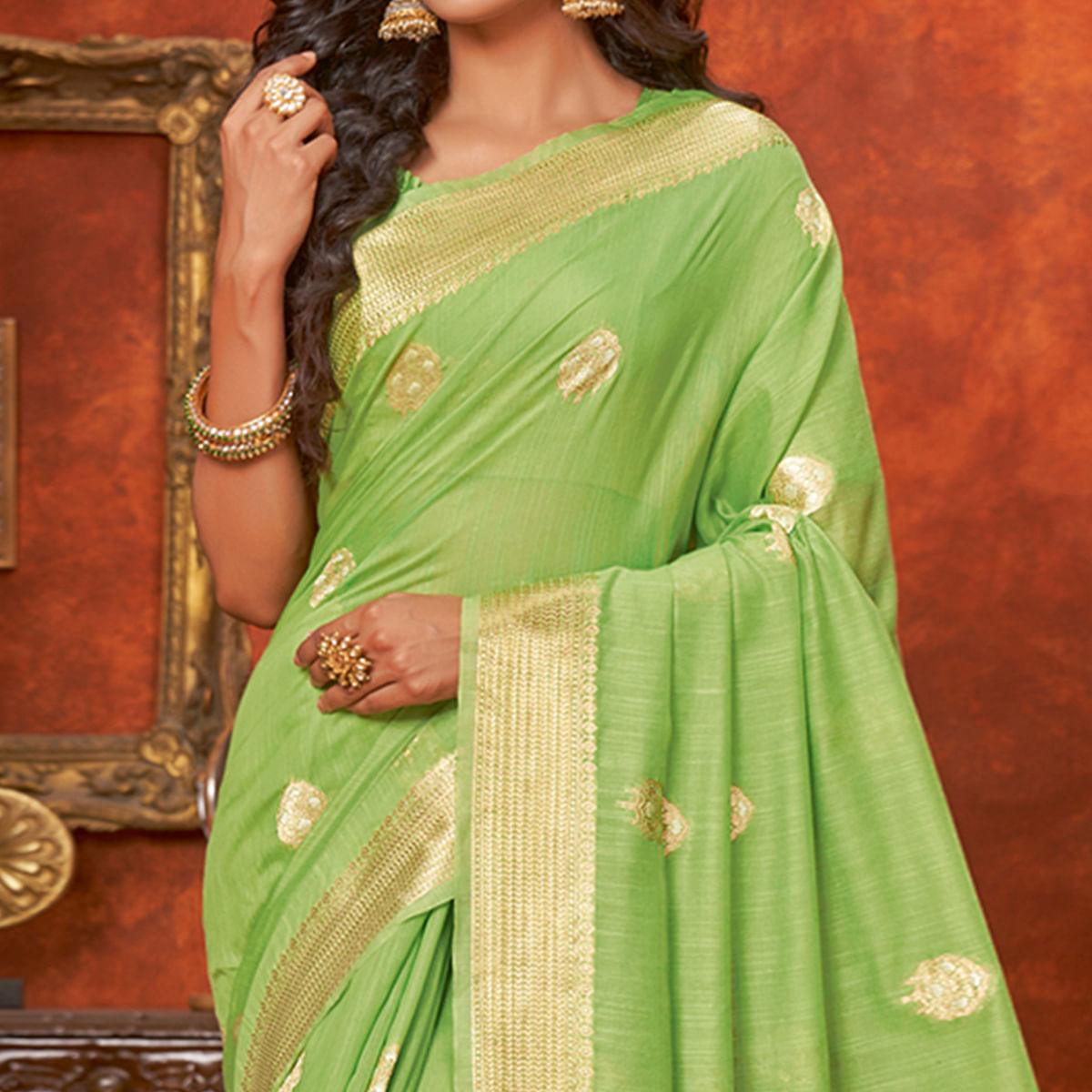 Green Floral Woven Pure Cotton Saree - Peachmode