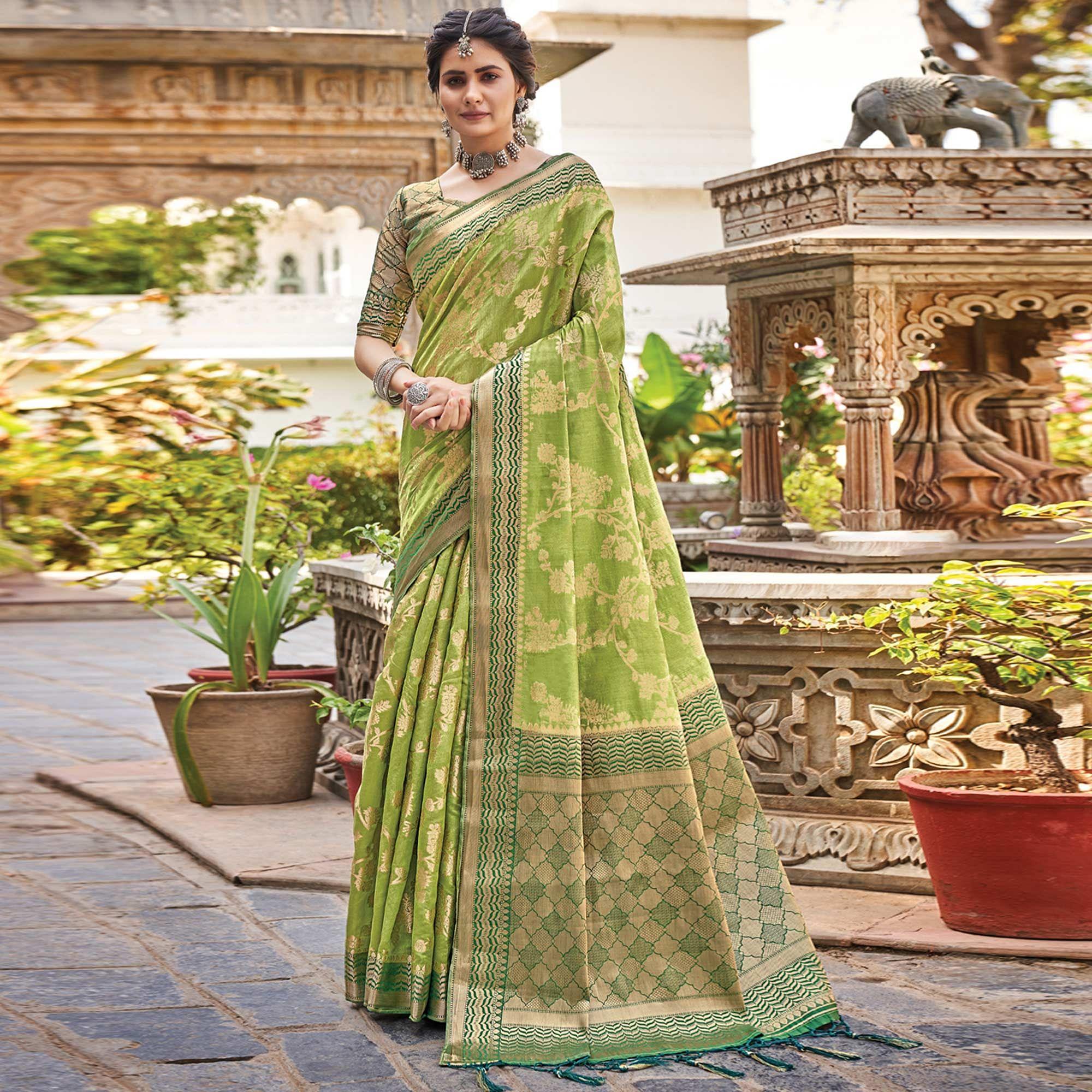 Green Floral Woven Pure Silk Saree - Peachmode