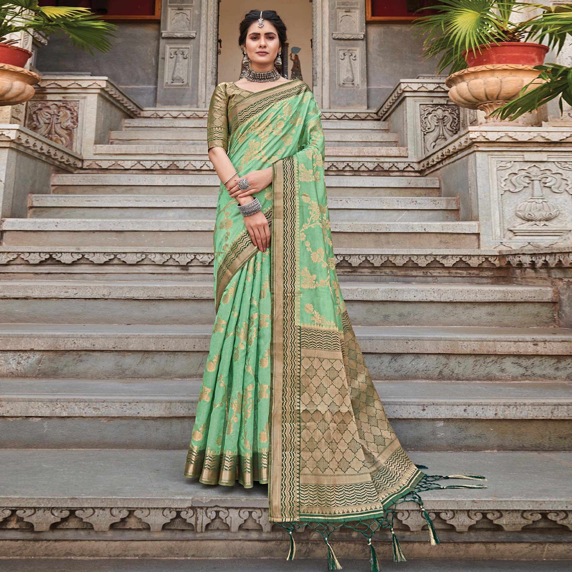 Green Floral Woven Pure Silk Saree - Peachmode