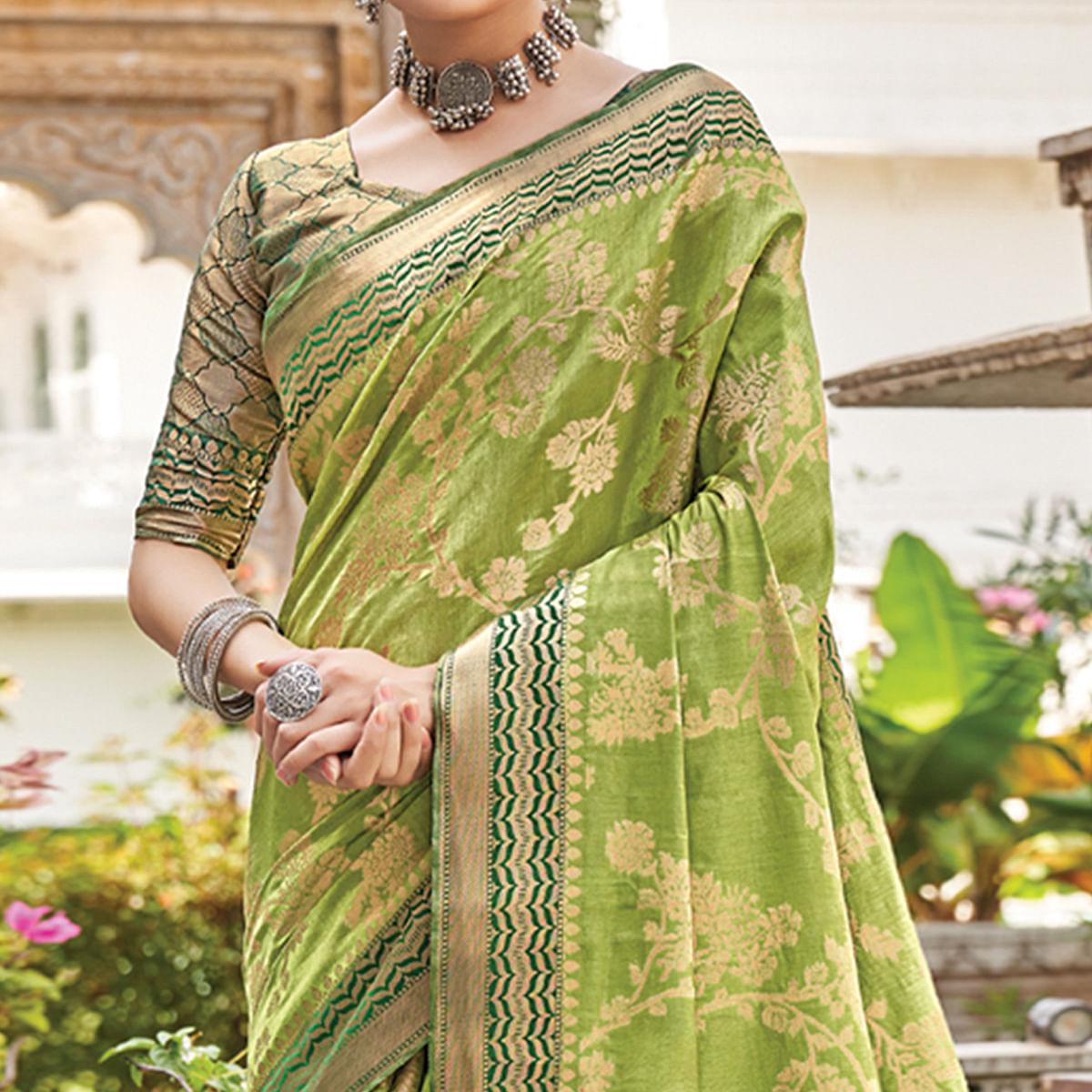 Green Floral Woven Pure Silk Saree - Peachmode