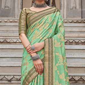 Green Floral Woven Pure Silk Saree - Peachmode