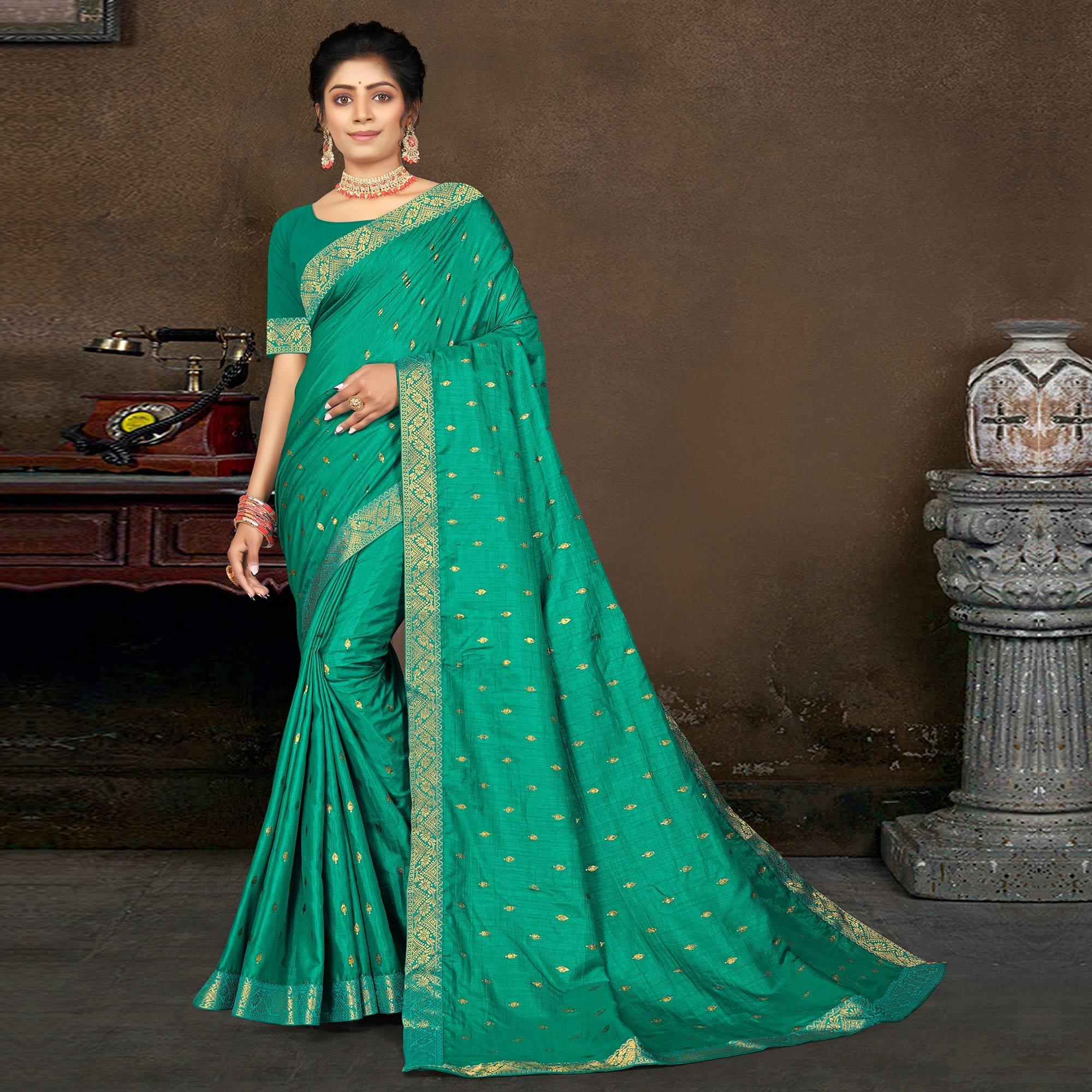 Green Floral Woven Vichitra Silk Saree - Peachmode
