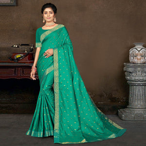 Green Floral Woven Vichitra Silk Saree - Peachmode