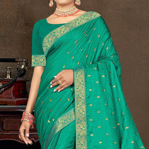 Green Floral Woven Vichitra Silk Saree - Peachmode