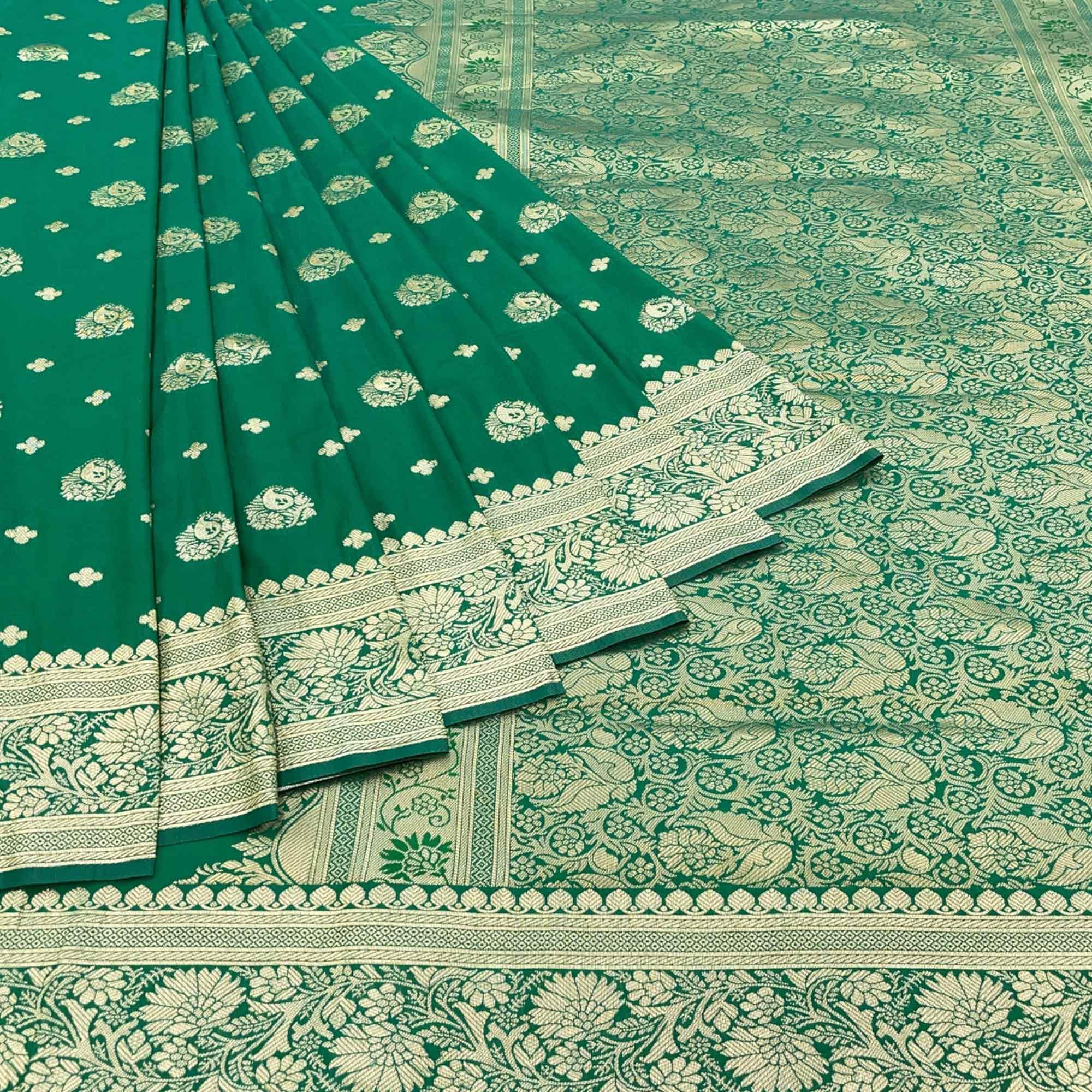 Green Floral Zari Woven Art Silk Saree - Peachmode