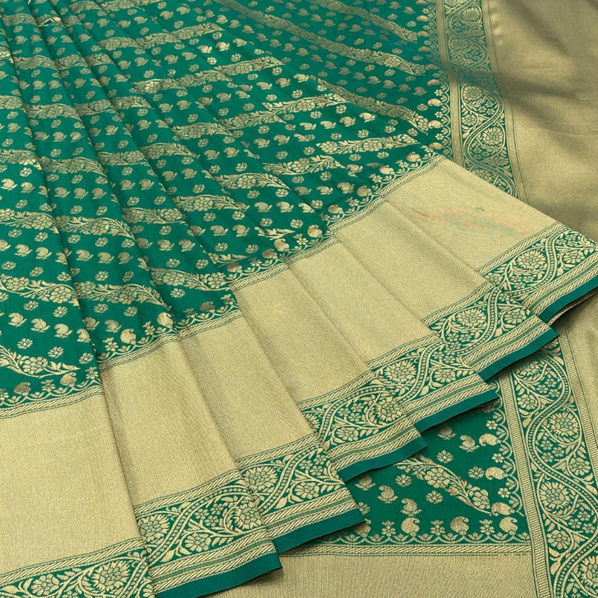Green Floral Zari Woven Art Silk Saree - Peachmode