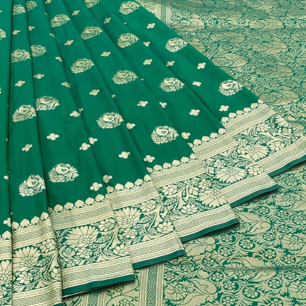Green Floral Zari Woven Art Silk Saree - Peachmode