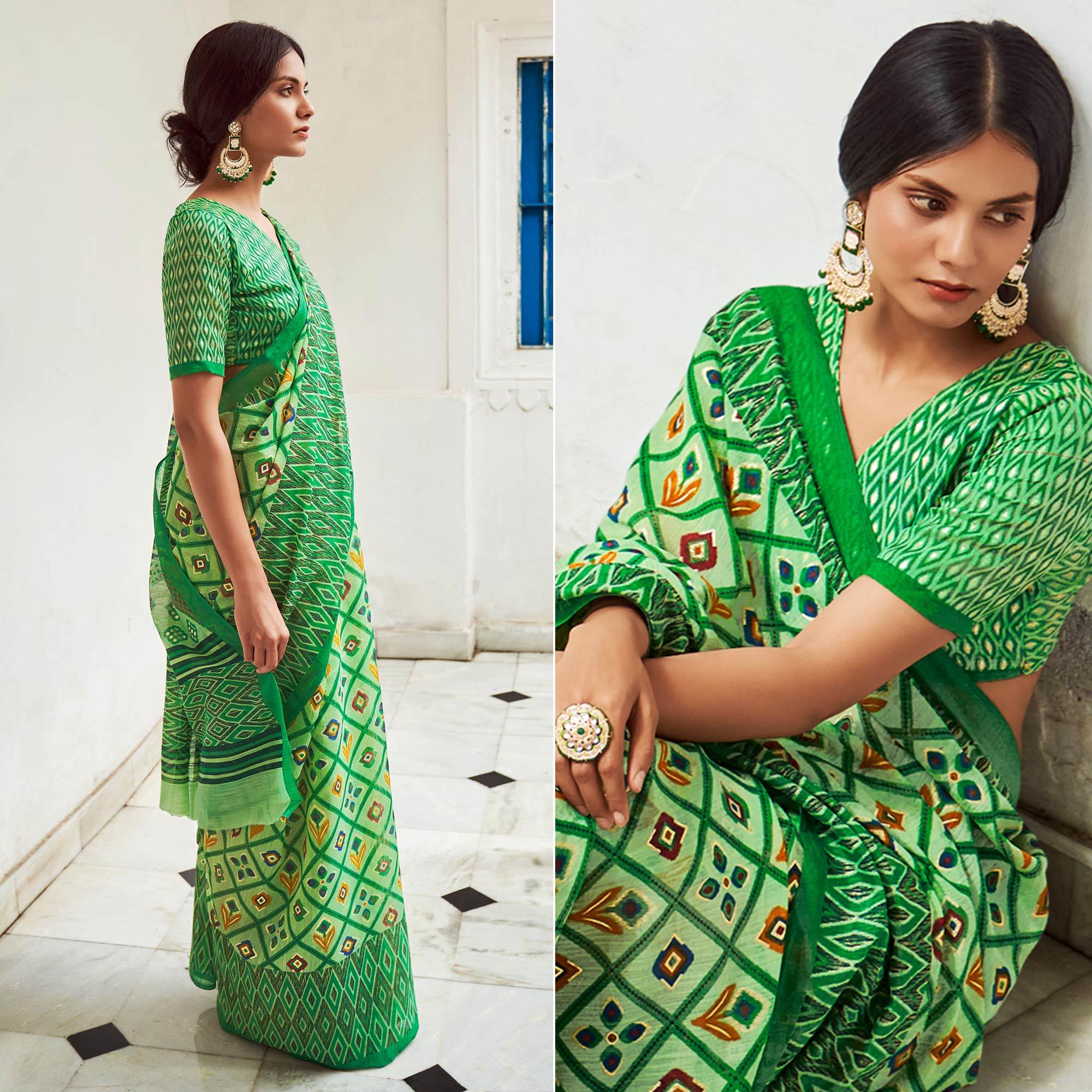 Green Foil Digital Printed Poly Cotton Saree - Peachmode