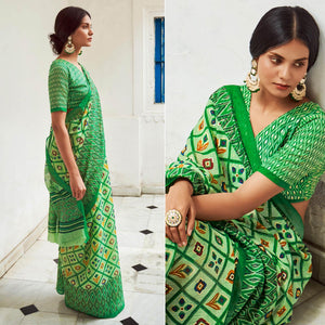 Green Foil Digital Printed Poly Cotton Saree - Peachmode
