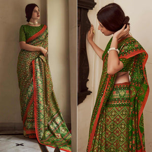 Green Foil Digital Printed Poly Cotton Saree - Peachmode