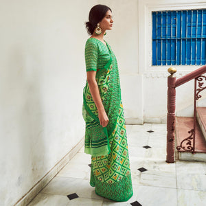 Green Foil Digital Printed Poly Cotton Saree - Peachmode
