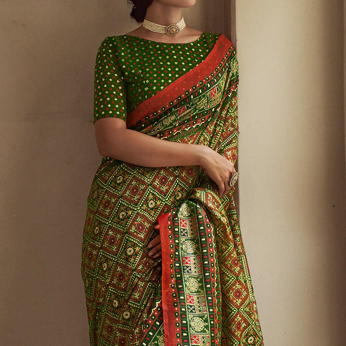 Green Foil Digital Printed Poly Cotton Saree - Peachmode