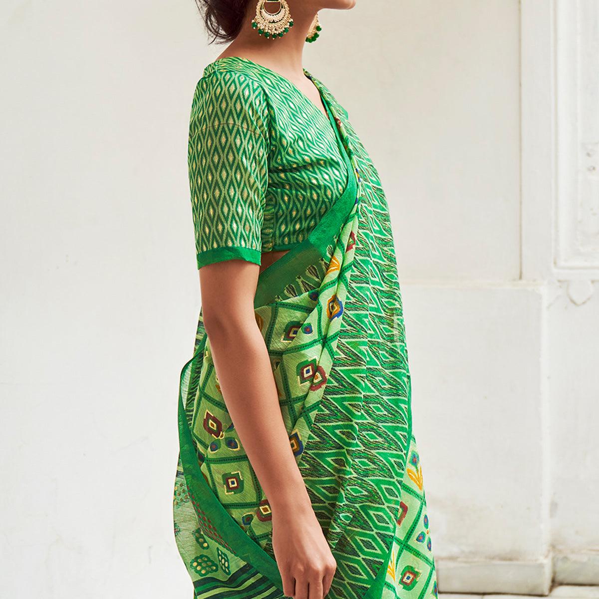 Green Foil Digital Printed Poly Cotton Saree - Peachmode