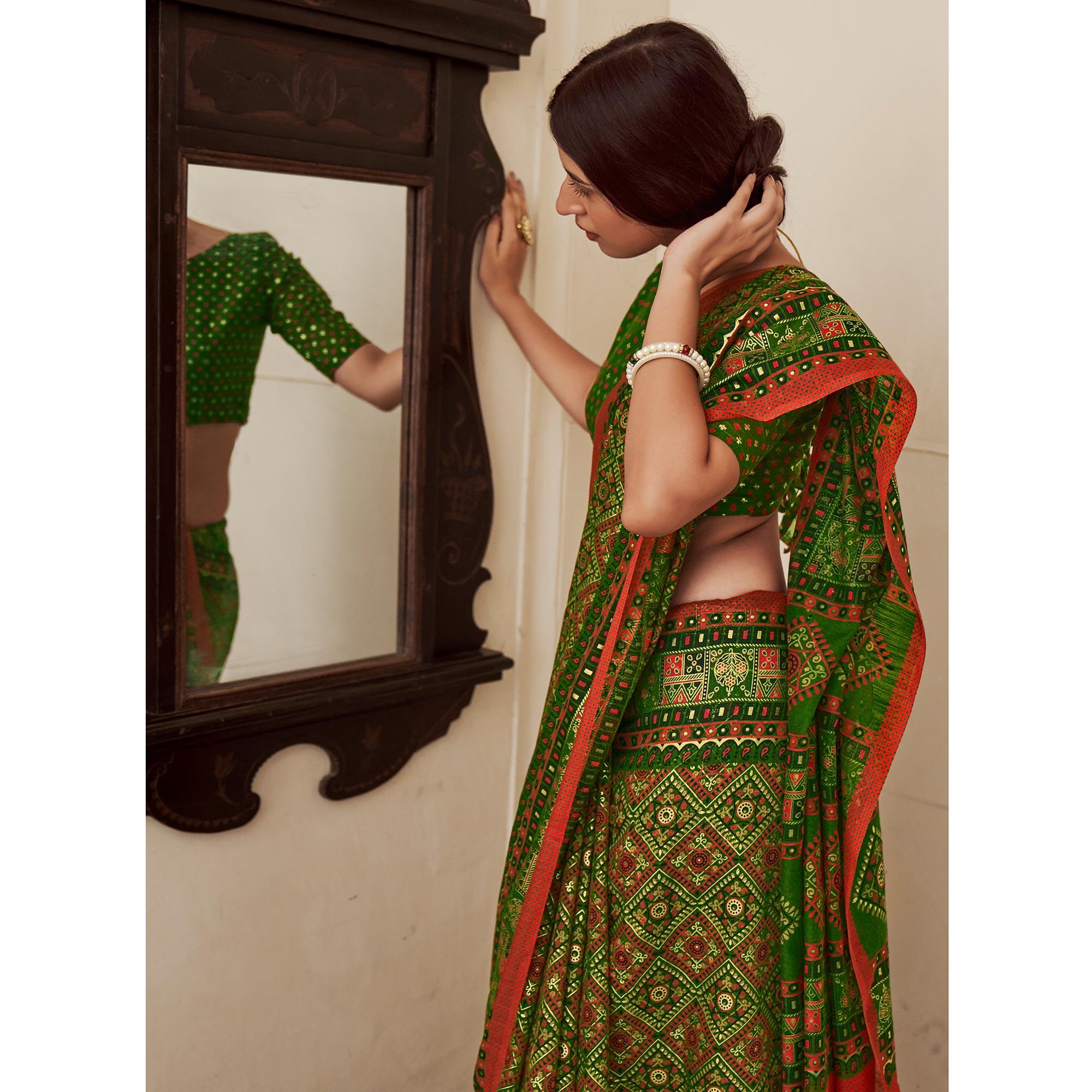 Green Foil Digital Printed Poly Cotton Saree - Peachmode