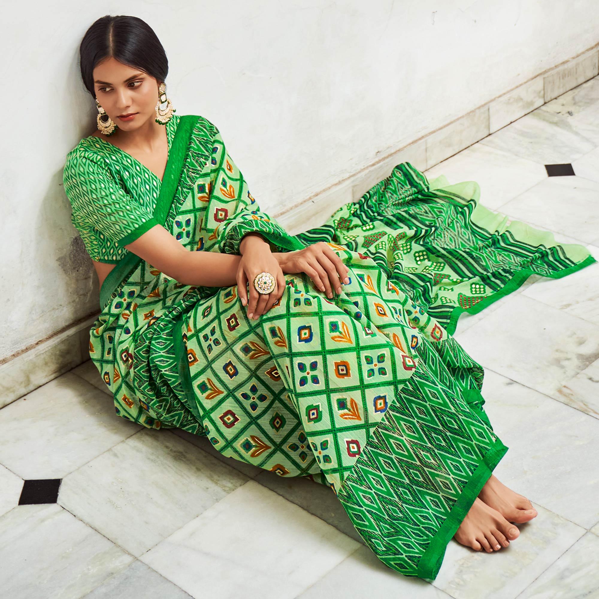 Green Foil Digital Printed Poly Cotton Saree - Peachmode