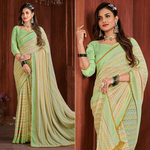 Green Foil Printed Georgette Saree - Peachmode
