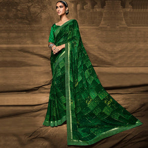 Green Foil Printed Georgette Saree - Peachmode