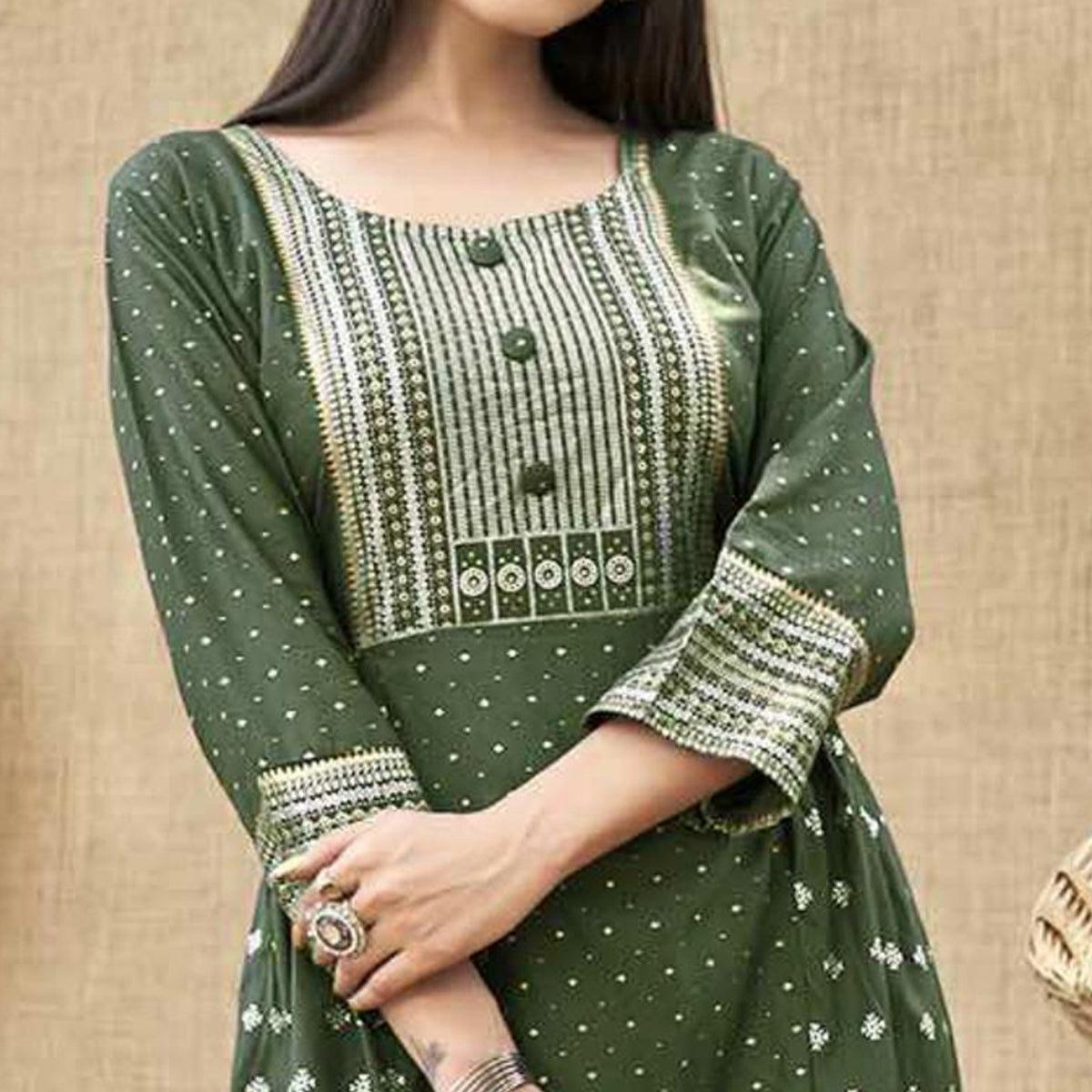 Green Foil Printed Rayon Kurti - Peachmode