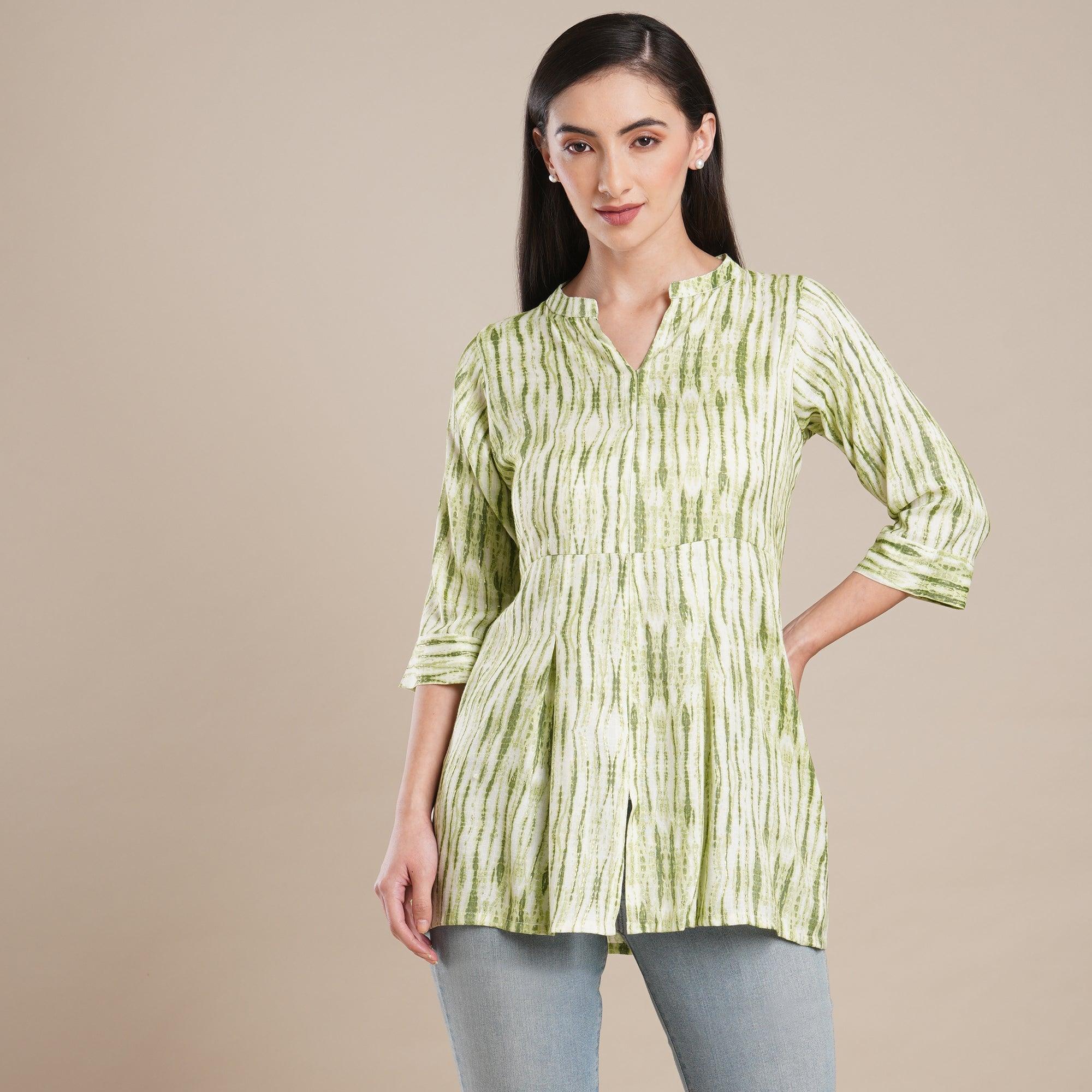 Green Foil Printed Rayon Top - Peachmode