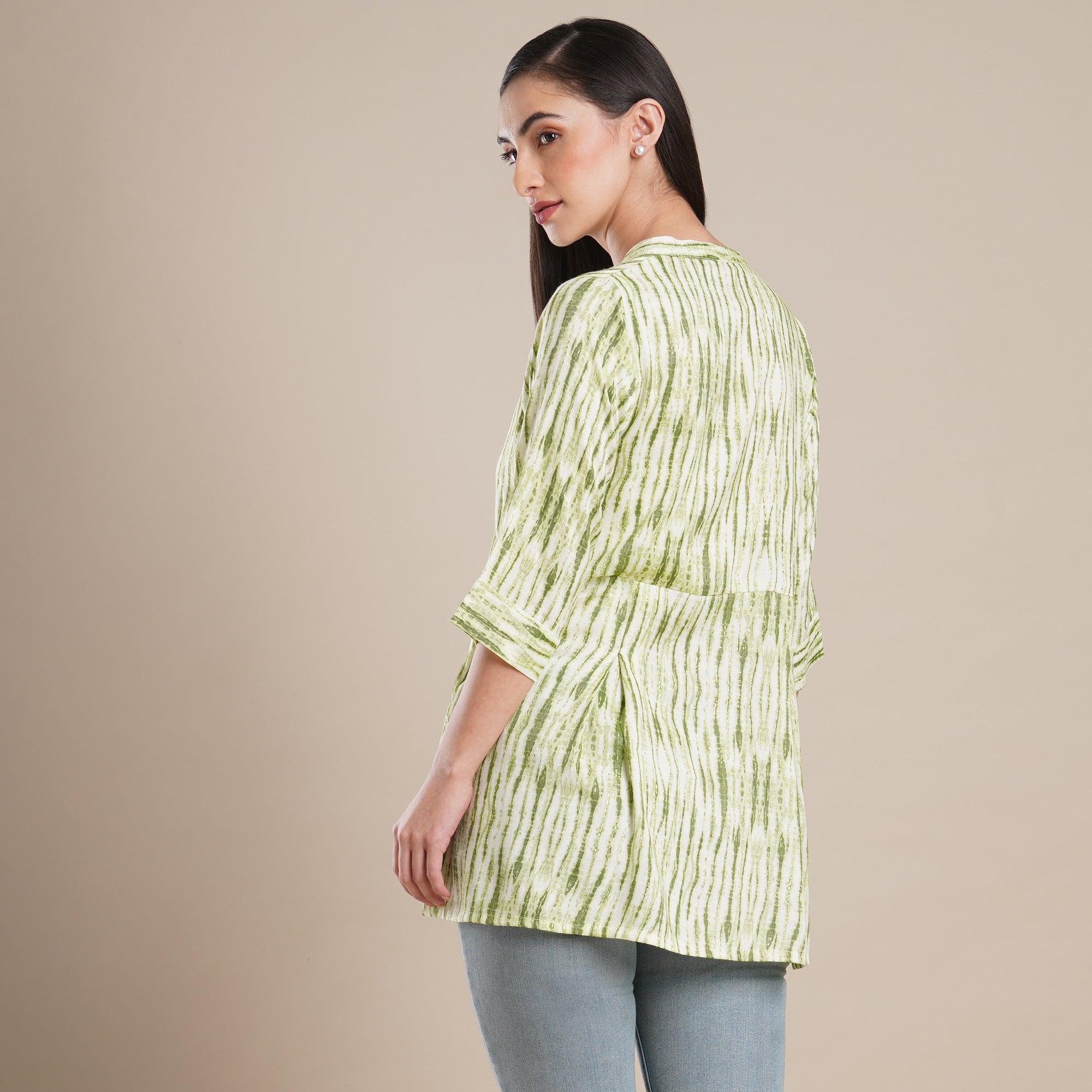 Green Foil Printed Rayon Top - Peachmode
