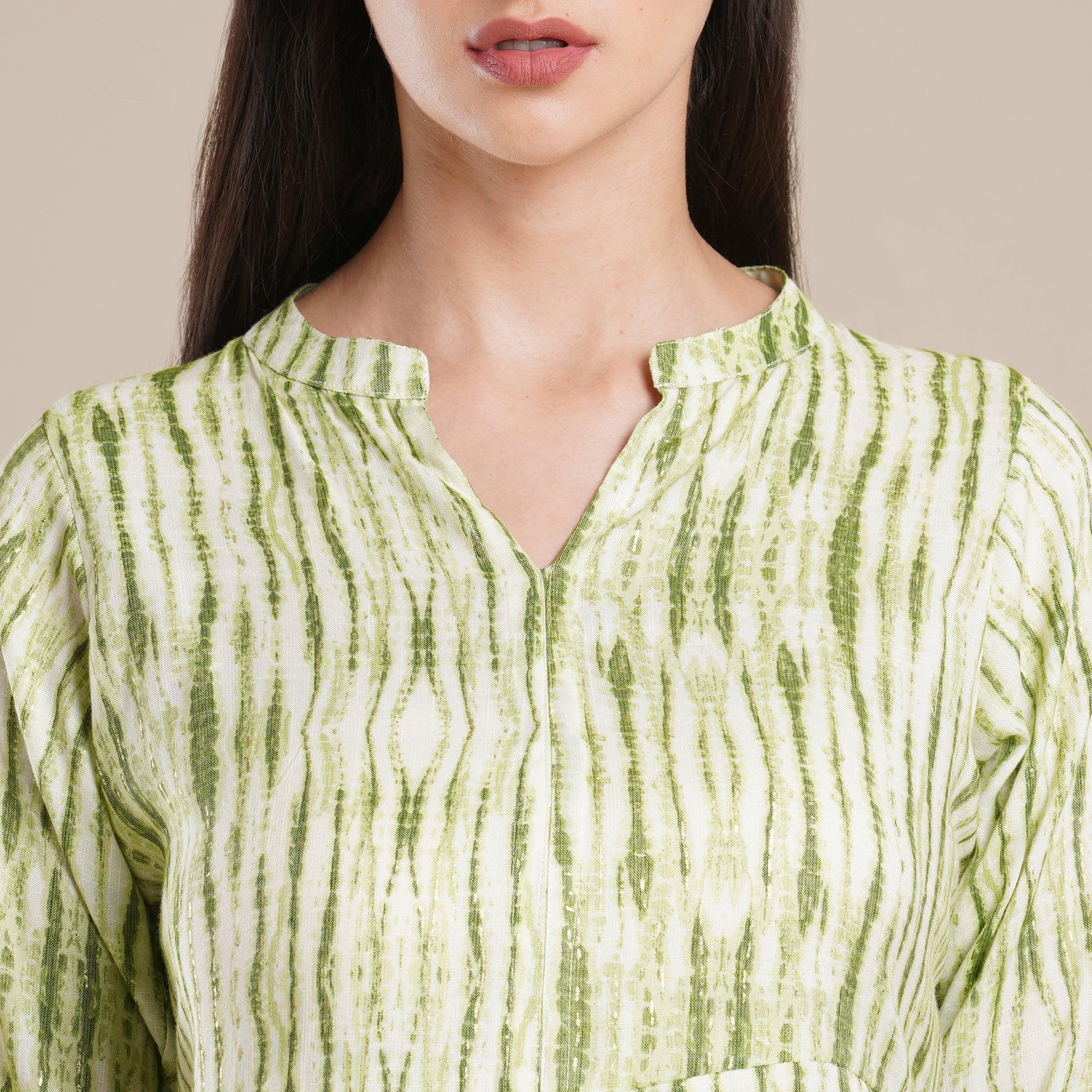 Green Foil Printed Rayon Top - Peachmode