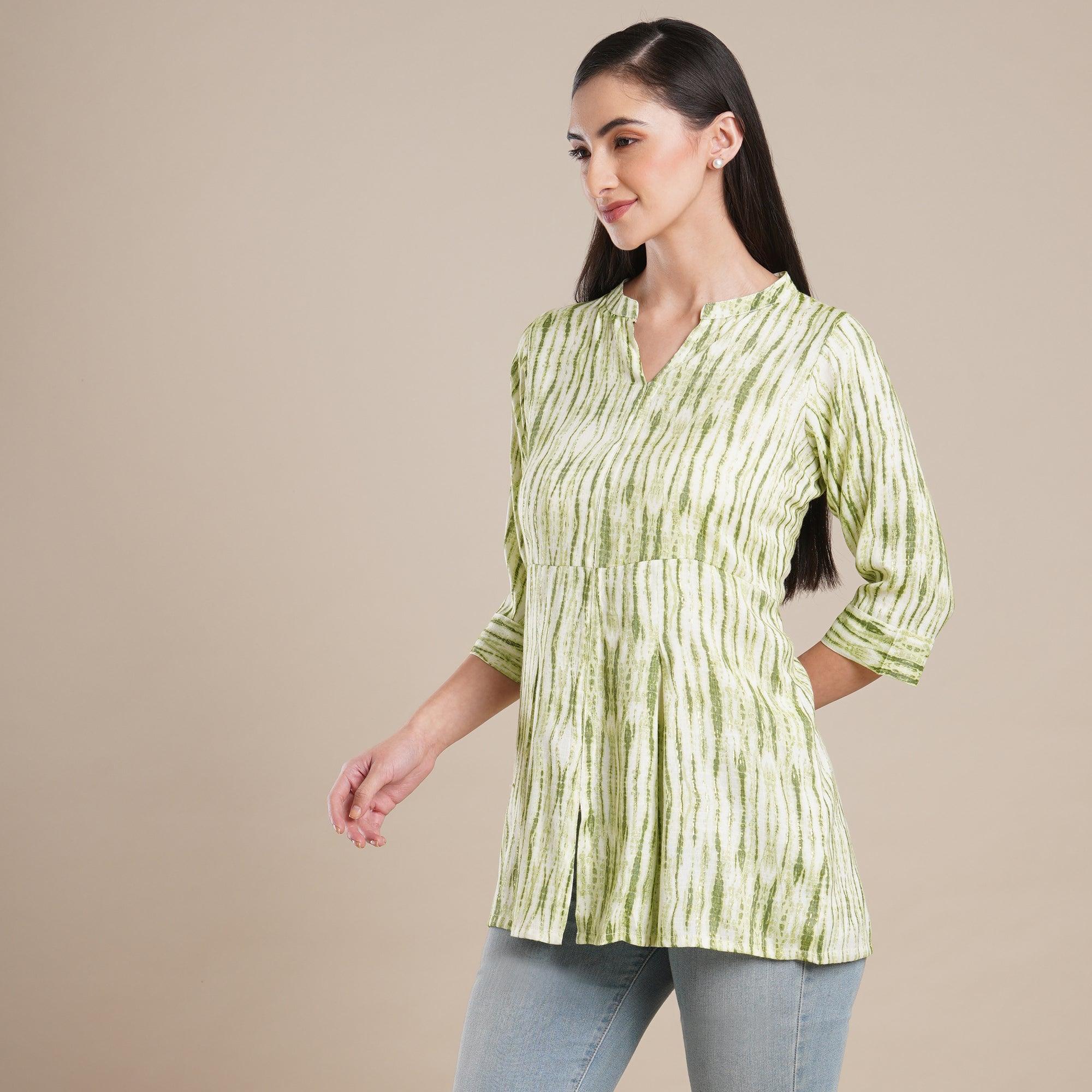 Green Foil Printed Rayon Top - Peachmode