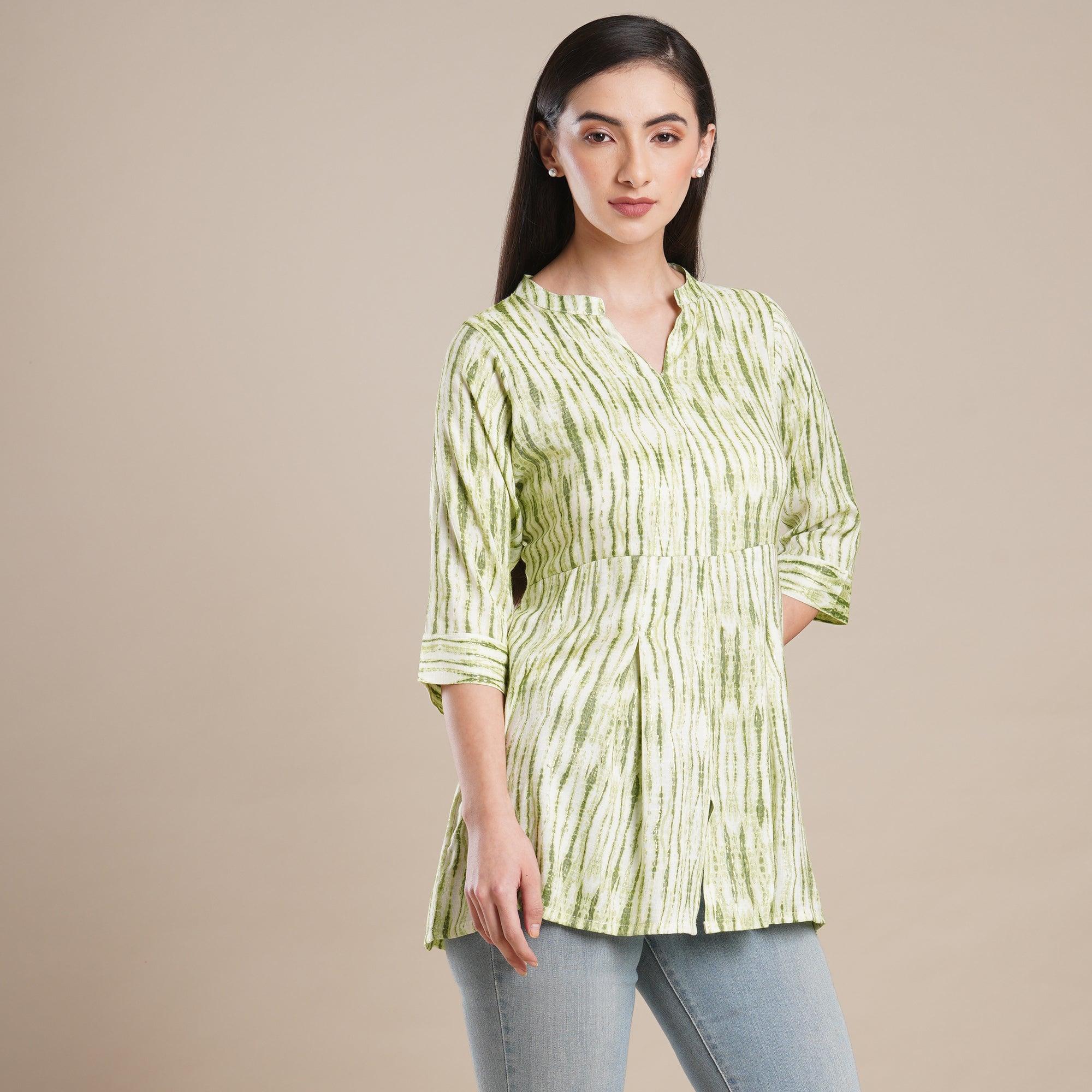Green Foil Printed Rayon Top - Peachmode