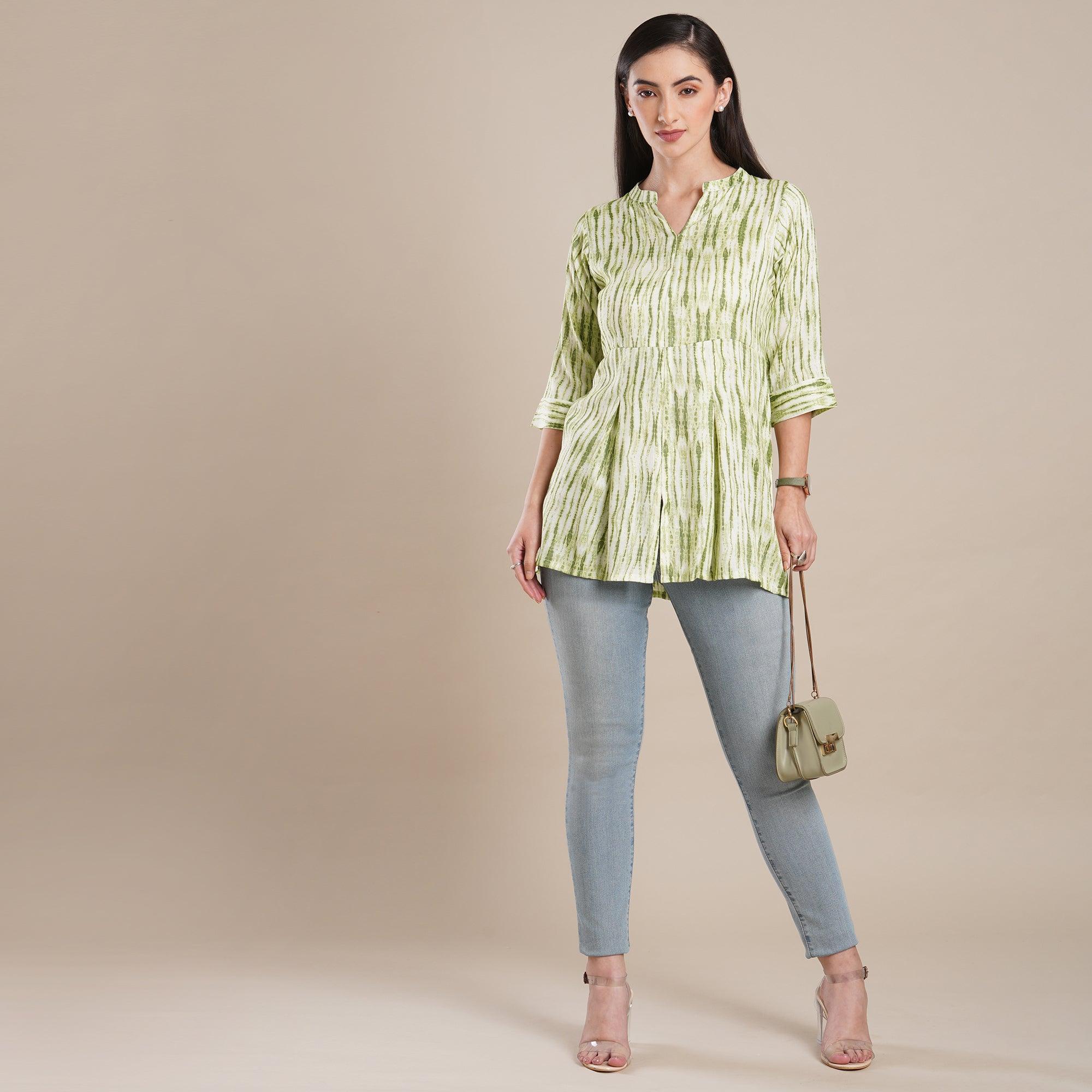 Green Foil Printed Rayon Top - Peachmode