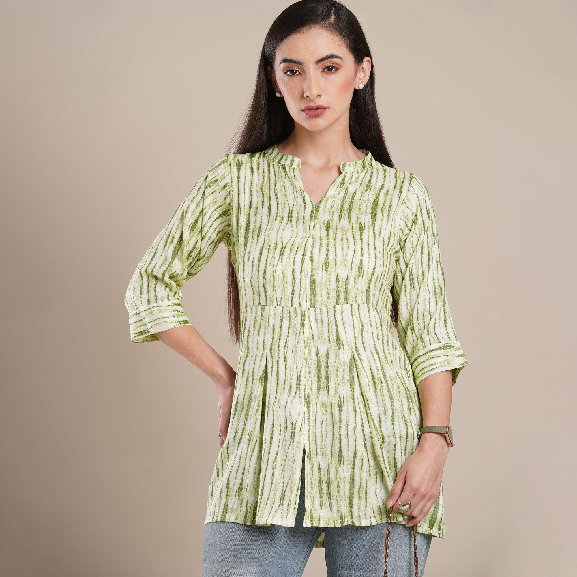 Green Foil Printed Rayon Top - Peachmode