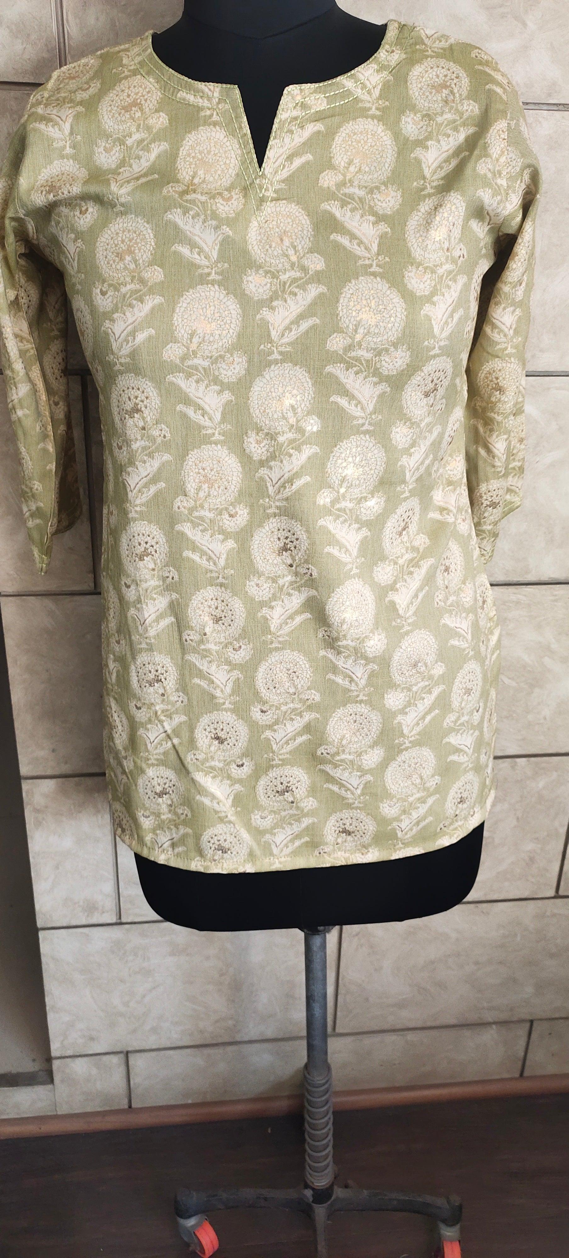 Green Foil Printed Rayon Top - Peachmode