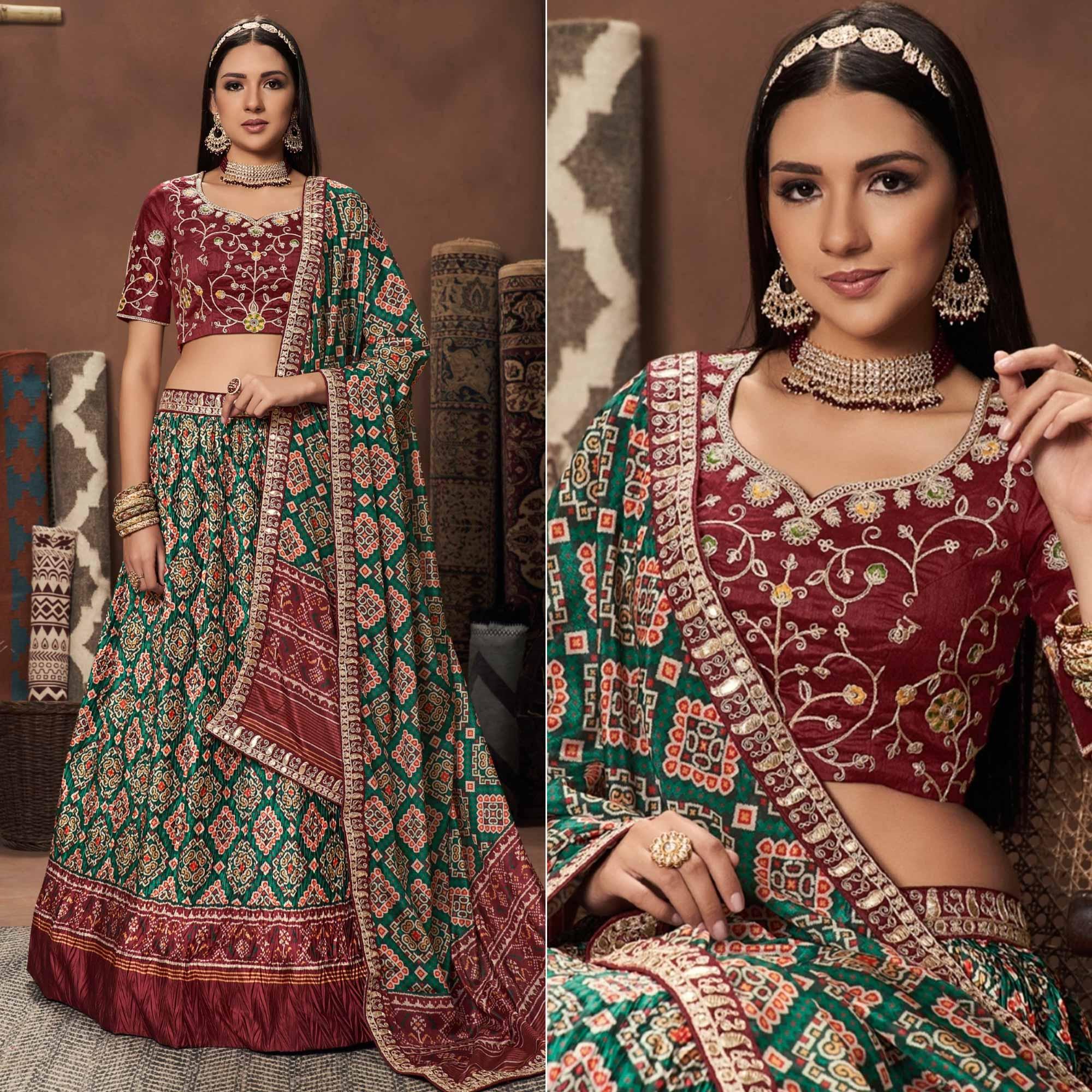Green Geometric Printed Art Silk Lehenga Choli - Peachmode