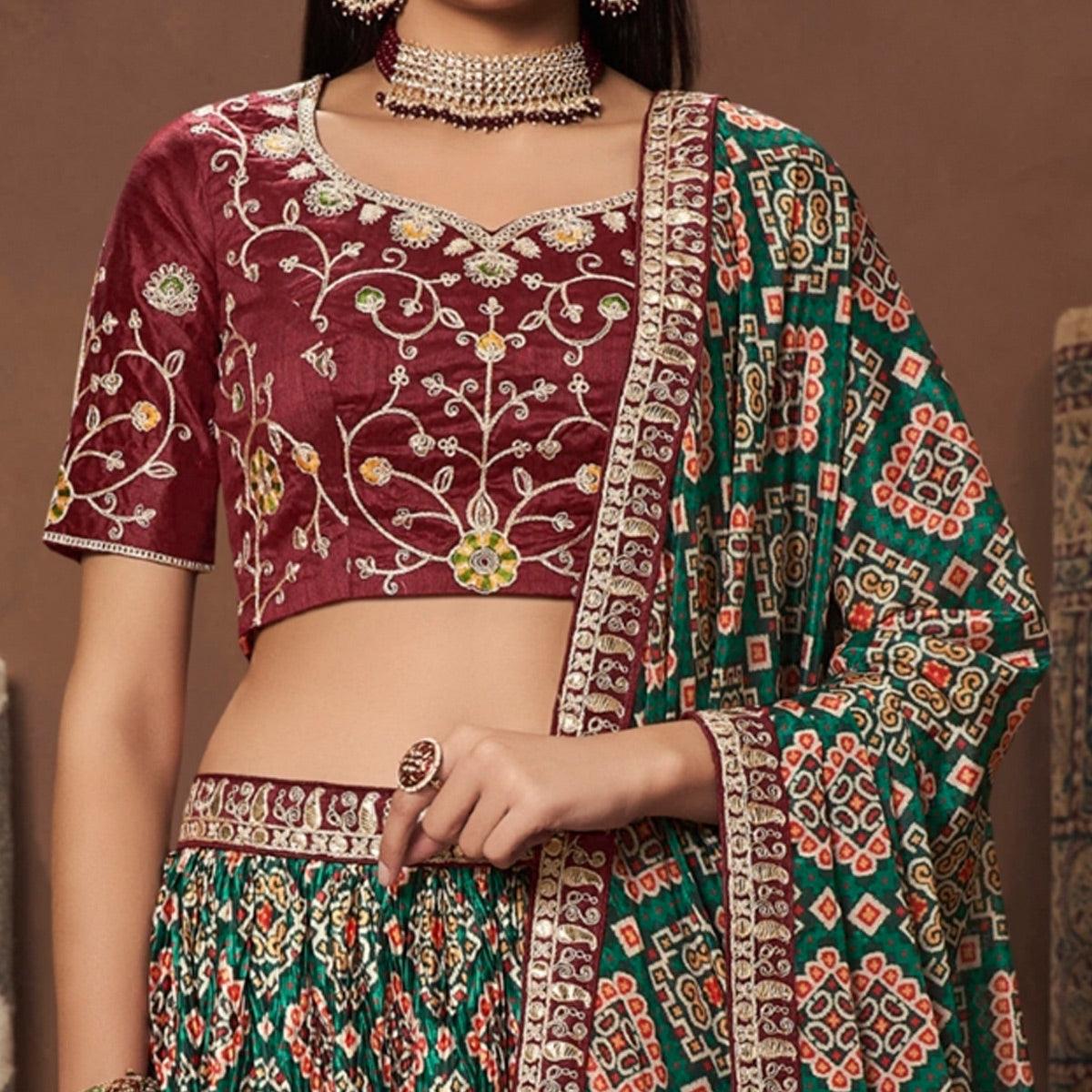 Green Geometric Printed Art Silk Lehenga Choli - Peachmode