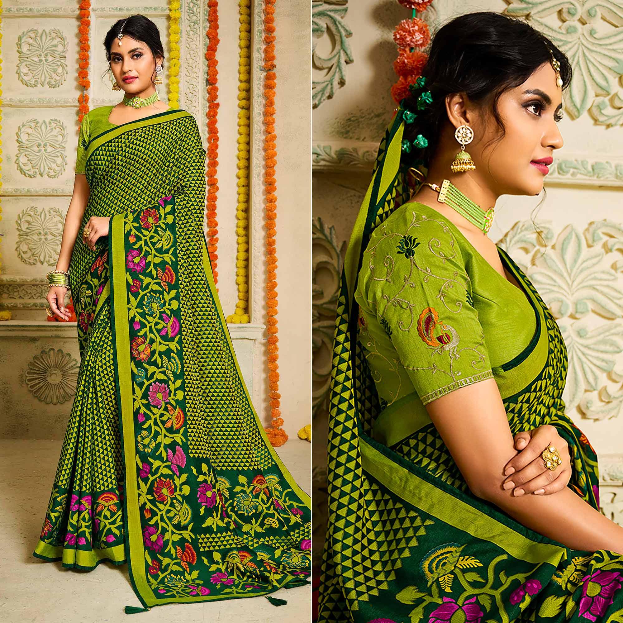 Green Geometric Printed Brasso Saree With Tassels - Peachmode