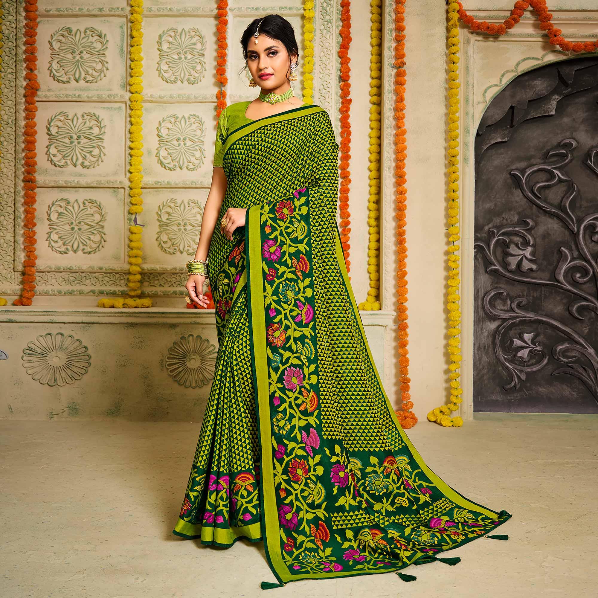 Green Geometric Printed Brasso Saree With Tassels - Peachmode