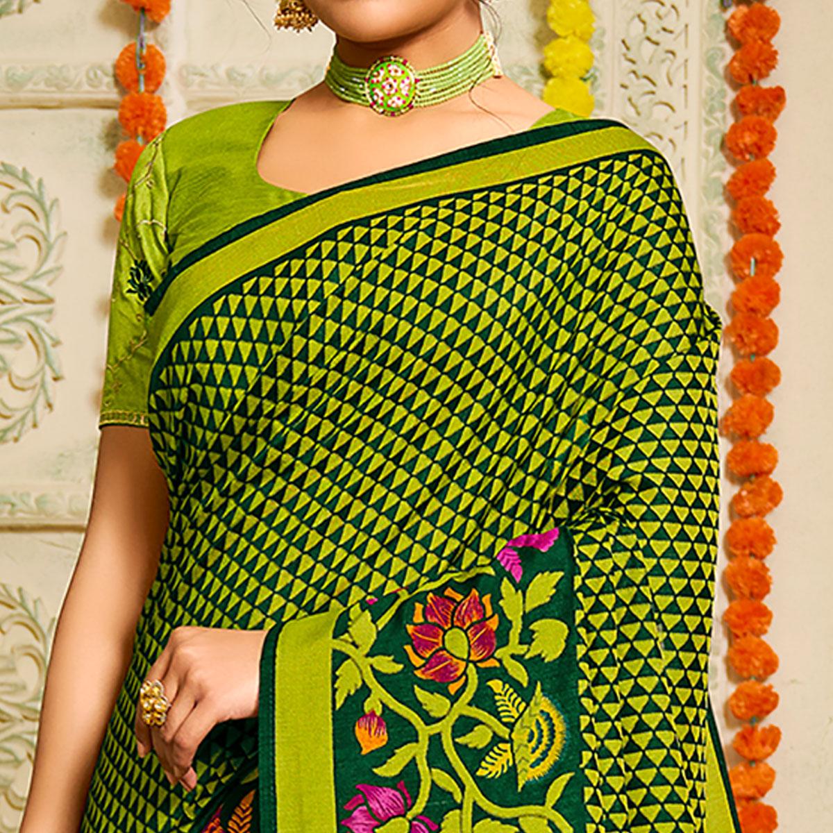 Green Geometric Printed Brasso Saree With Tassels - Peachmode