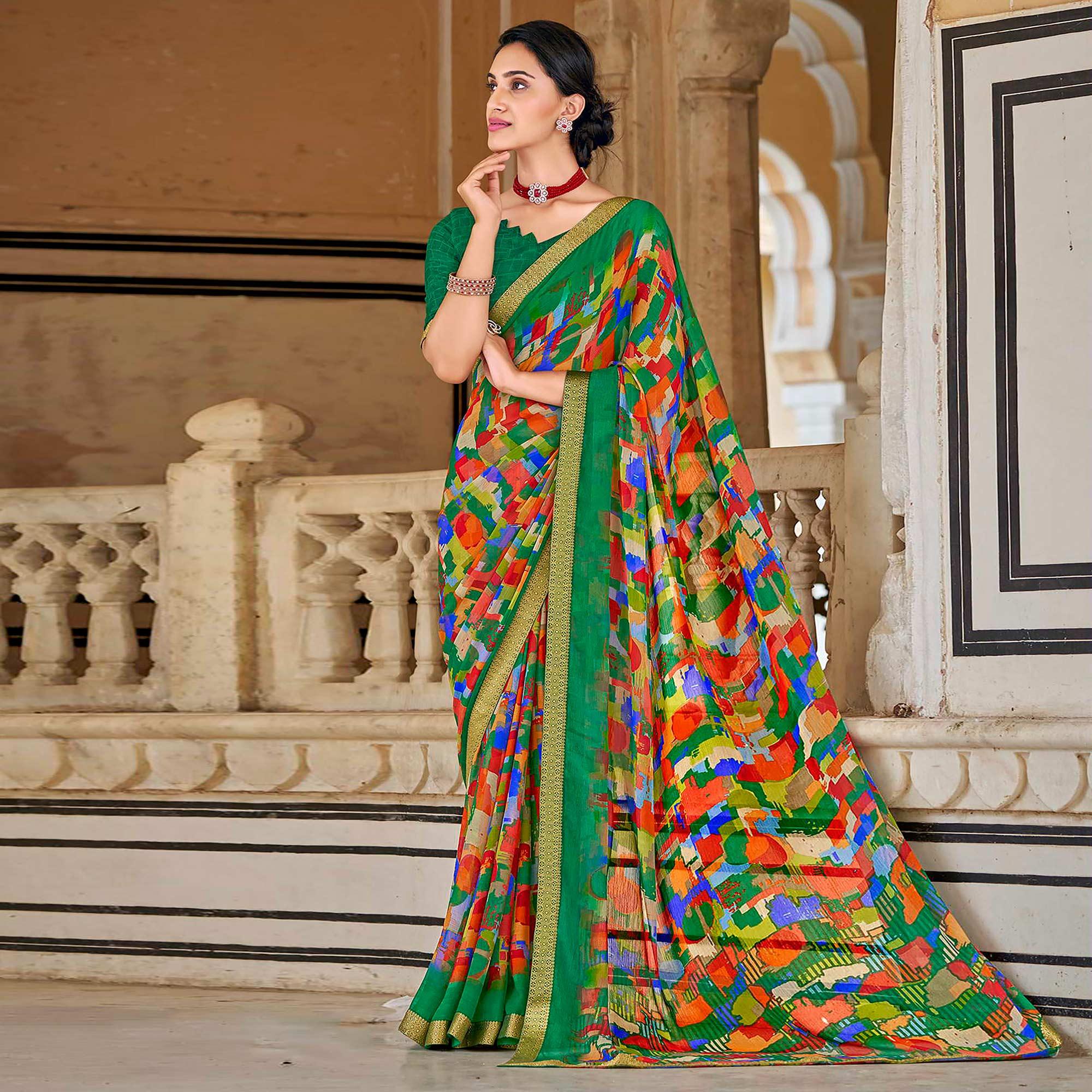 Green Geometric Printed Chiffon Saree - Peachmode
