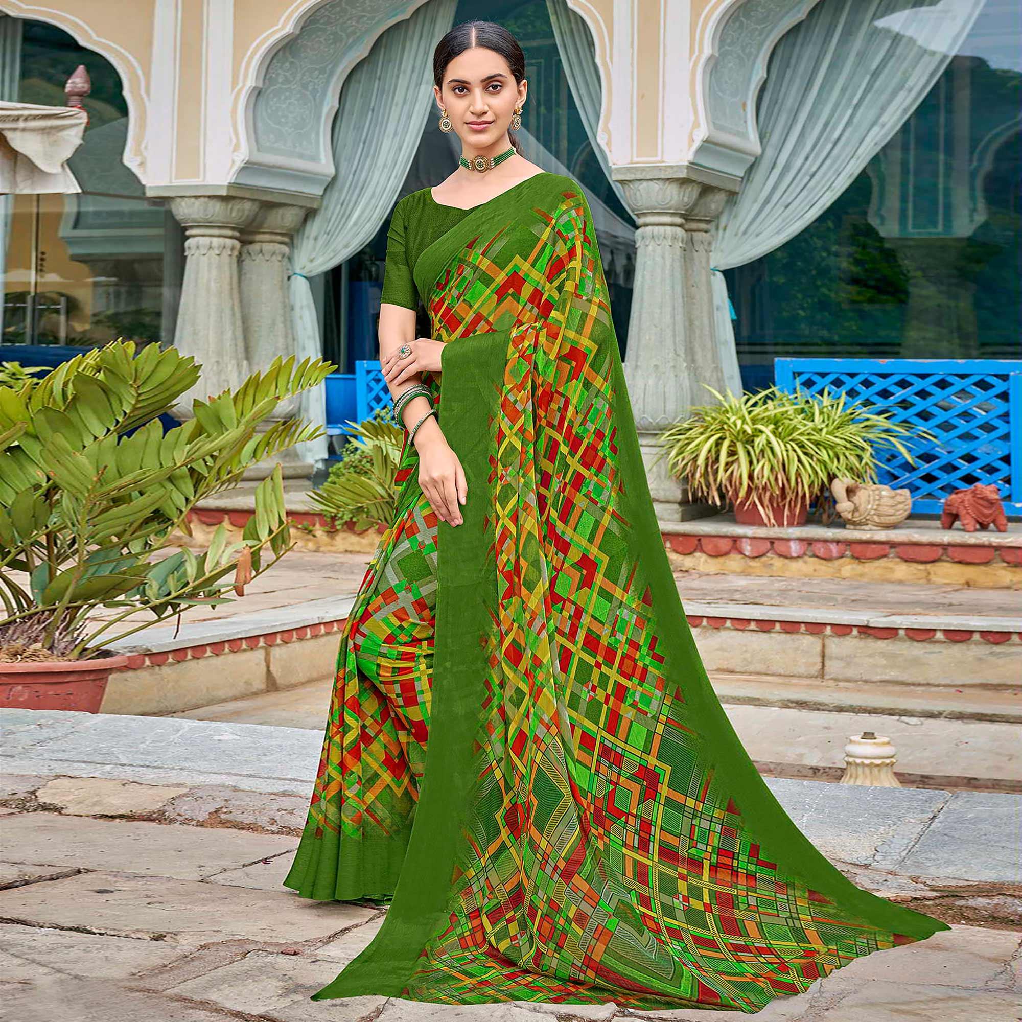Green Geometric Printed Chiffon Saree - Peachmode