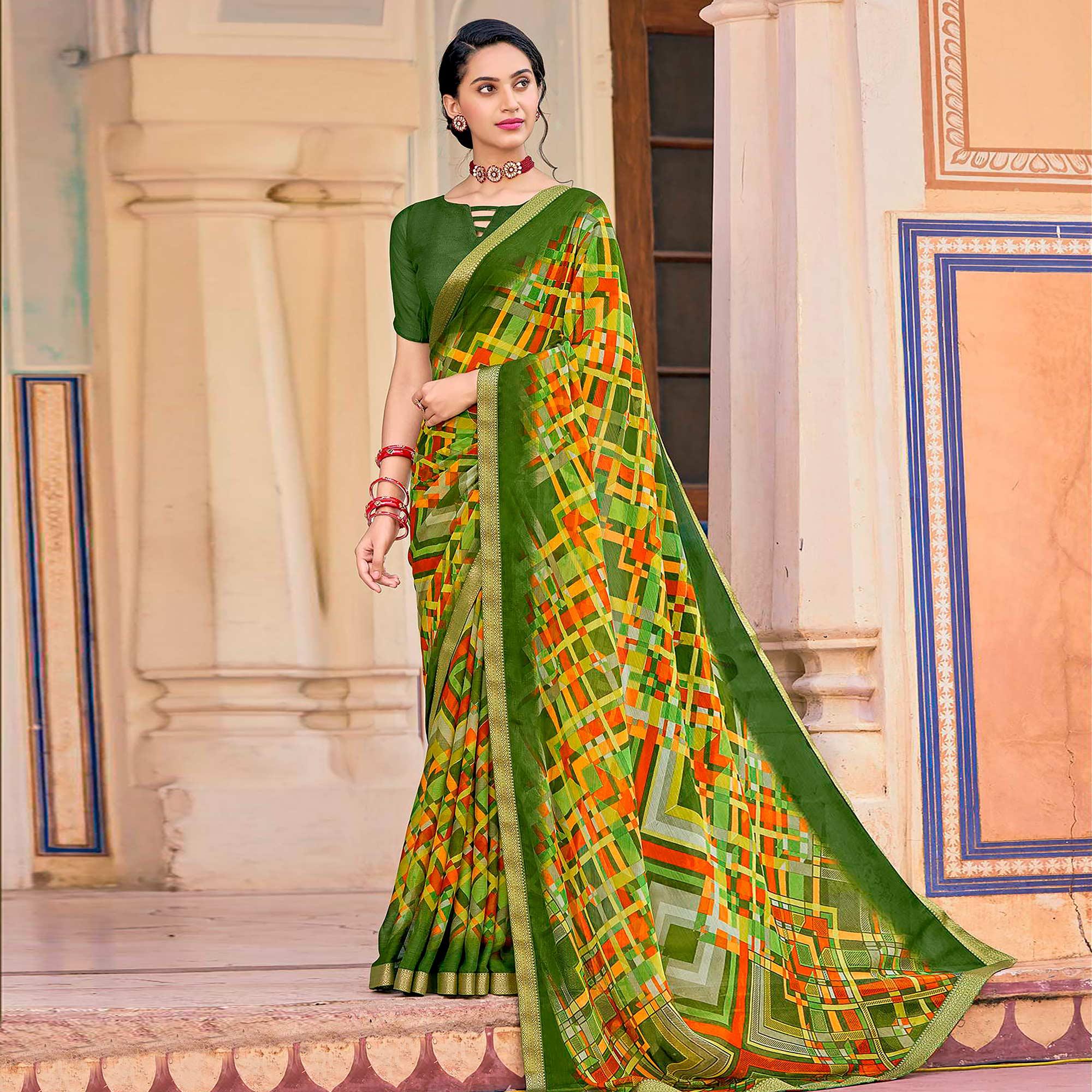Green Geometric Printed Chiffon Saree - Peachmode