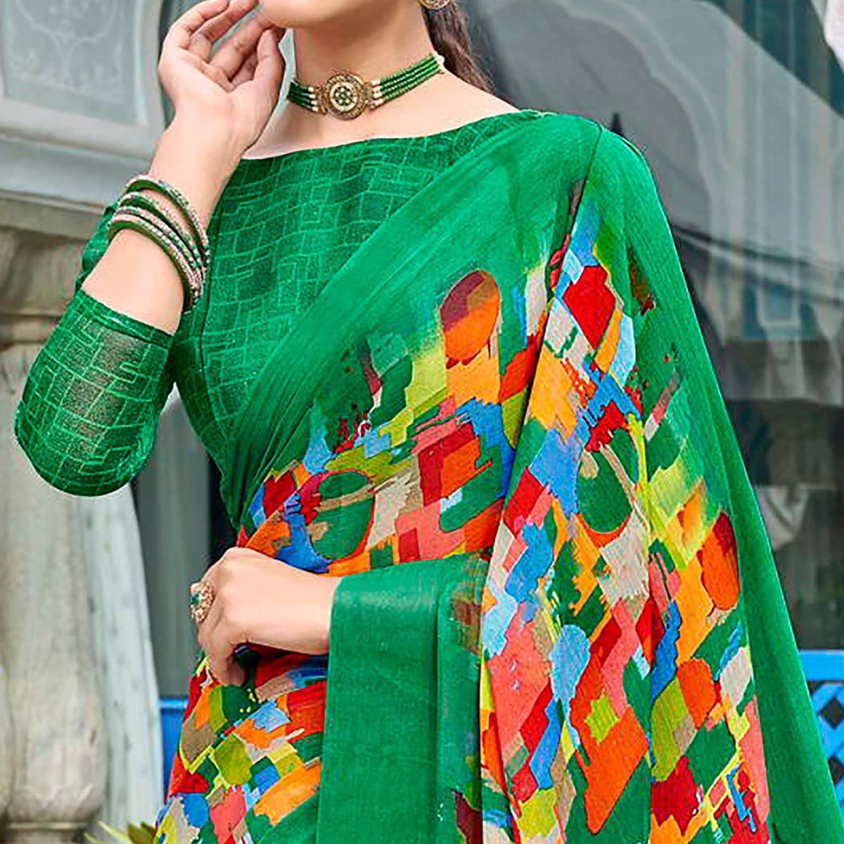 Green Geometric Printed Chiffon Saree - Peachmode