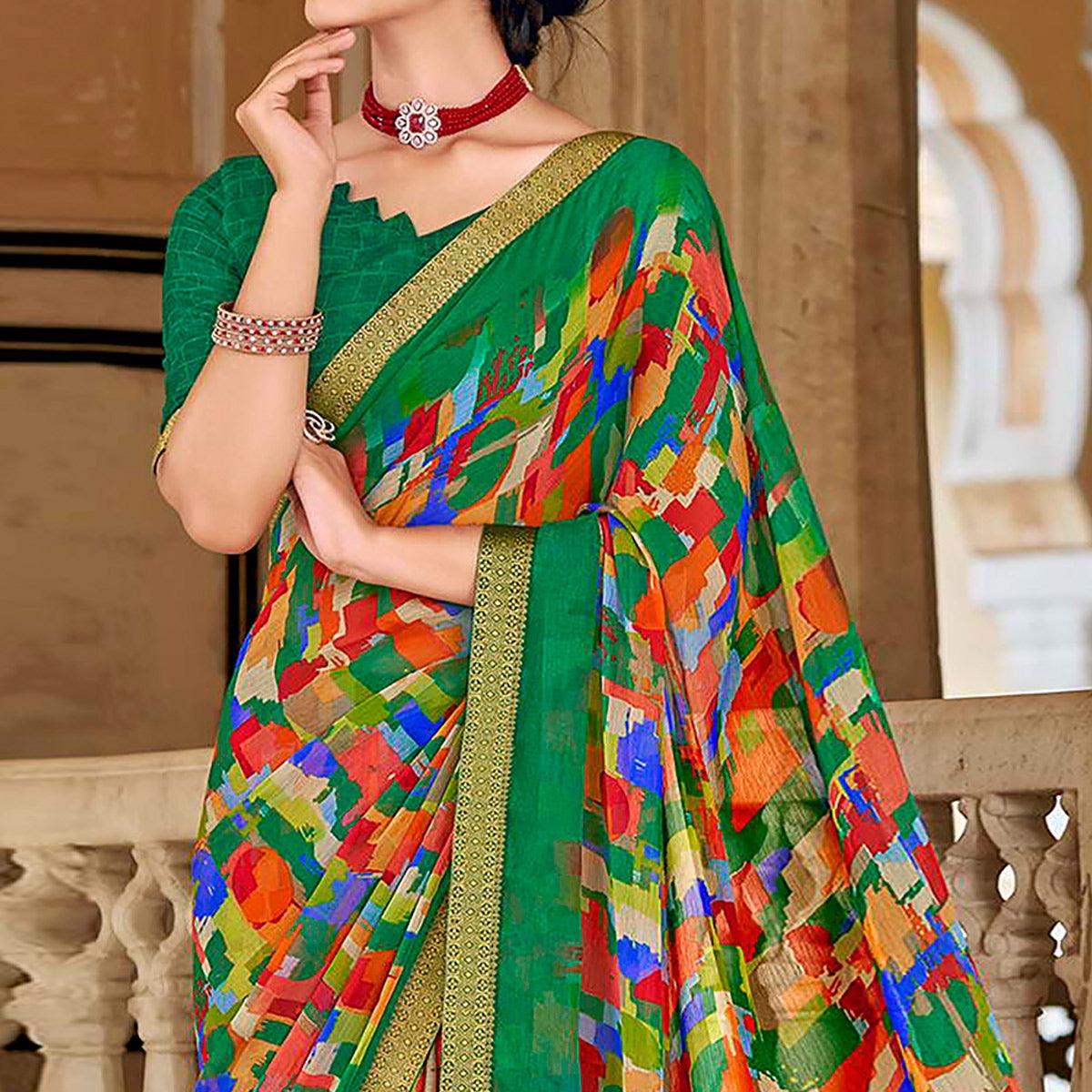 Green Geometric Printed Chiffon Saree - Peachmode