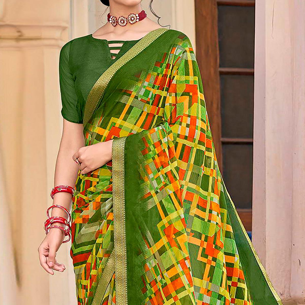 Green Geometric Printed Chiffon Saree - Peachmode