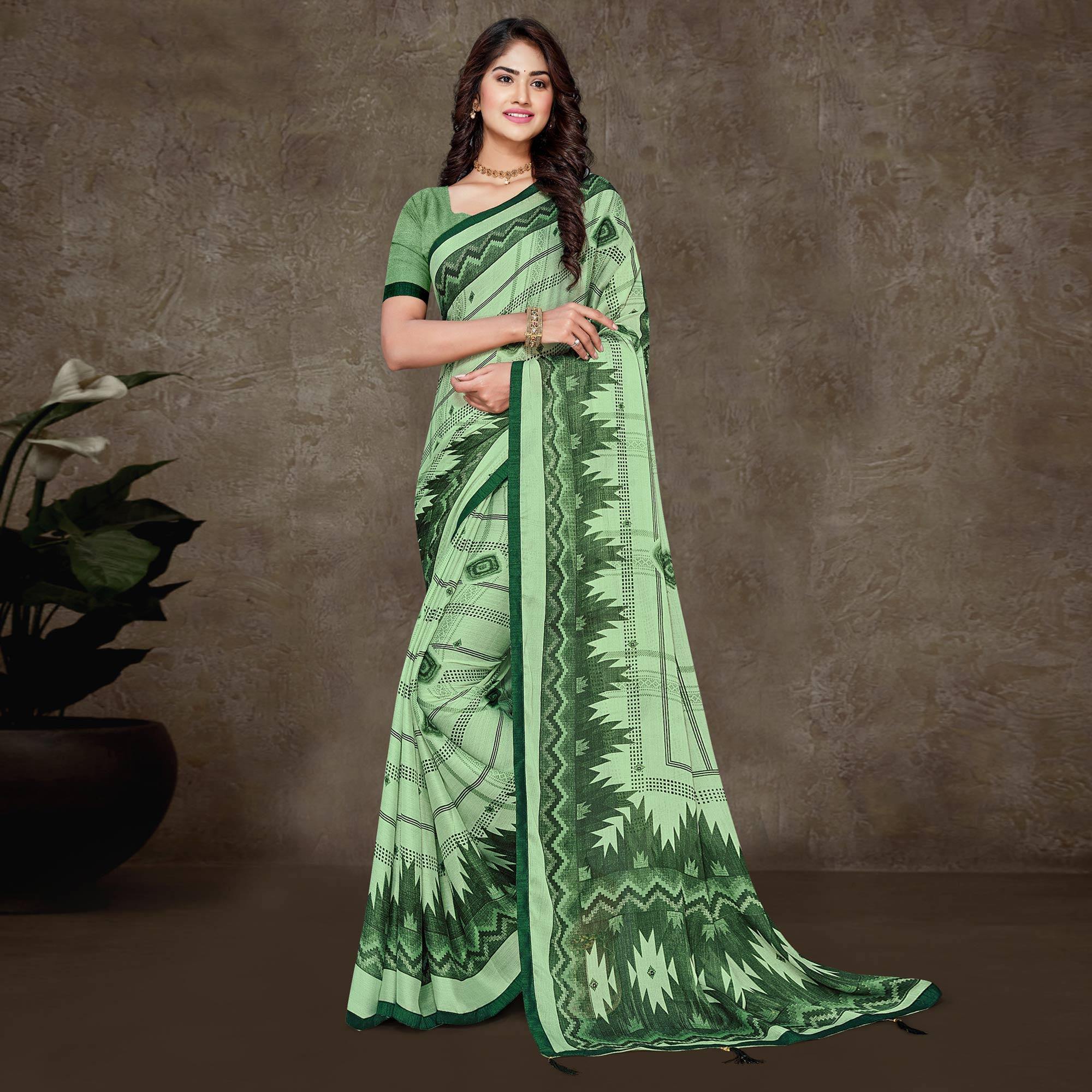 Green Geometric Printed Chiffon Saree With Tassels - Peachmode