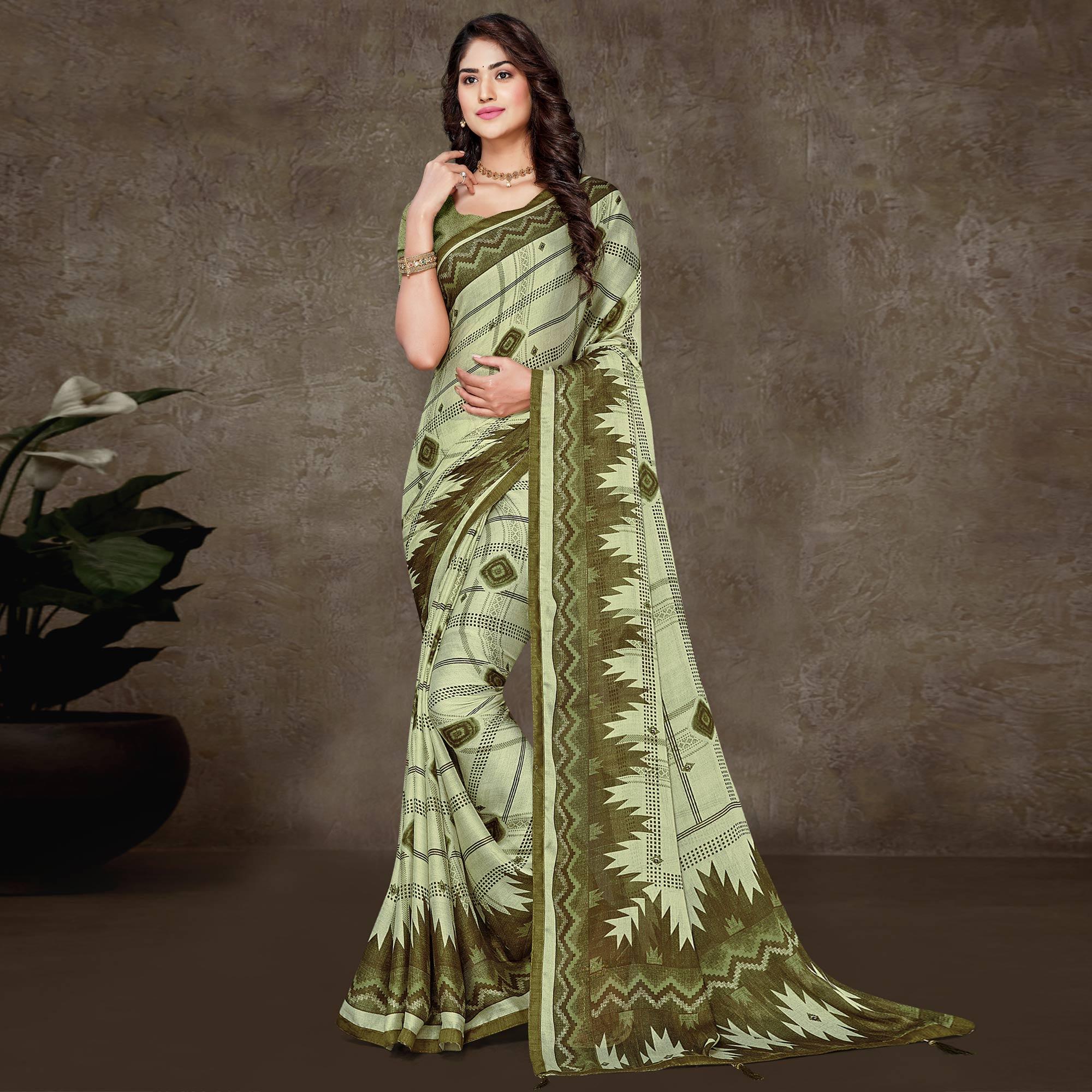 Green Geometric Printed Chiffon Saree With Tassels - Peachmode
